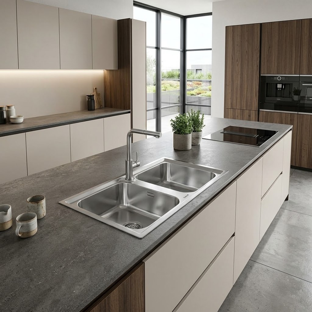 Cucina moderna con una grande isola grigia, lavello, piano cottura integrato, mobili con dettagli in legno e grandi finestre.