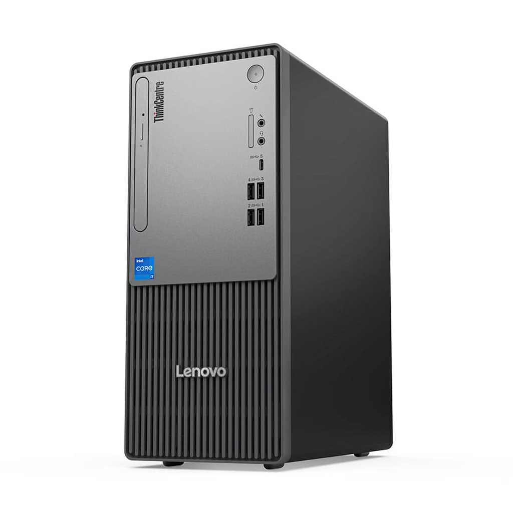 Beyaz arka planda siyah kasalı gri bir Lenovo ThinkCentre masaüstü bilgisayar.