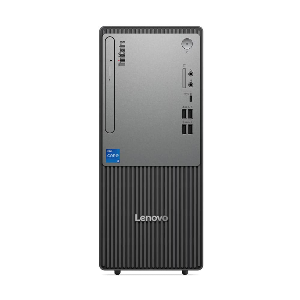 Dikey yivli ve bağlantı noktalı gri Lenovo ThinkCentre masaüstü bilgisayarın önden görünümü.