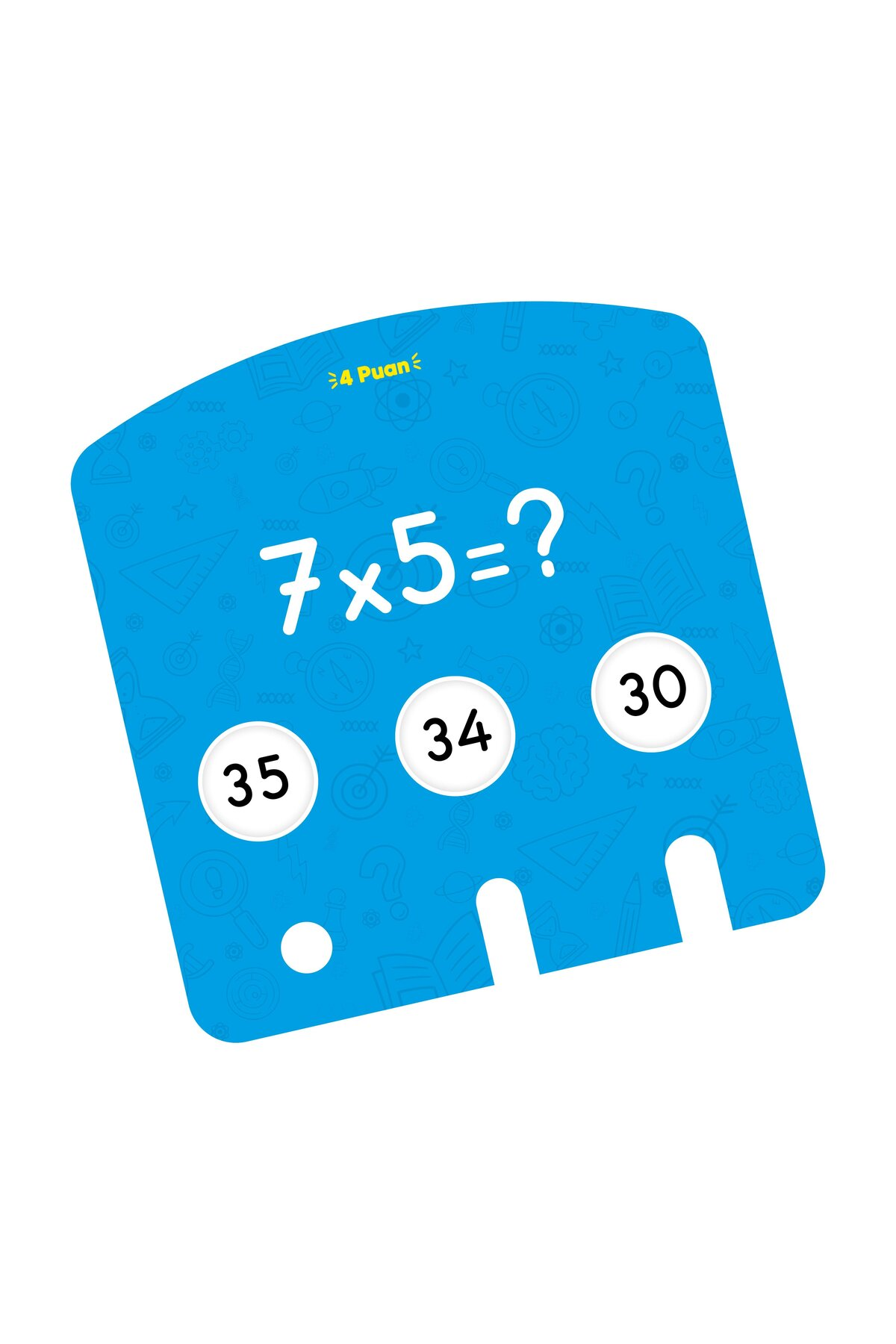 7x5=? işlemi ve 35, 34, 30 şıkları olan mavi matematik kartı.