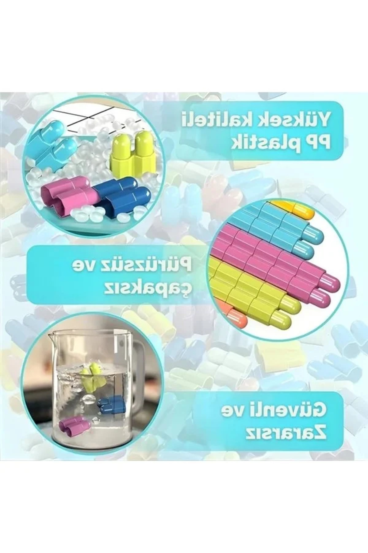 Çeşitli birleştirme seçenekleri ve su testi gösterimi olan renkli plastik kapsül oyuncakların reklamı.