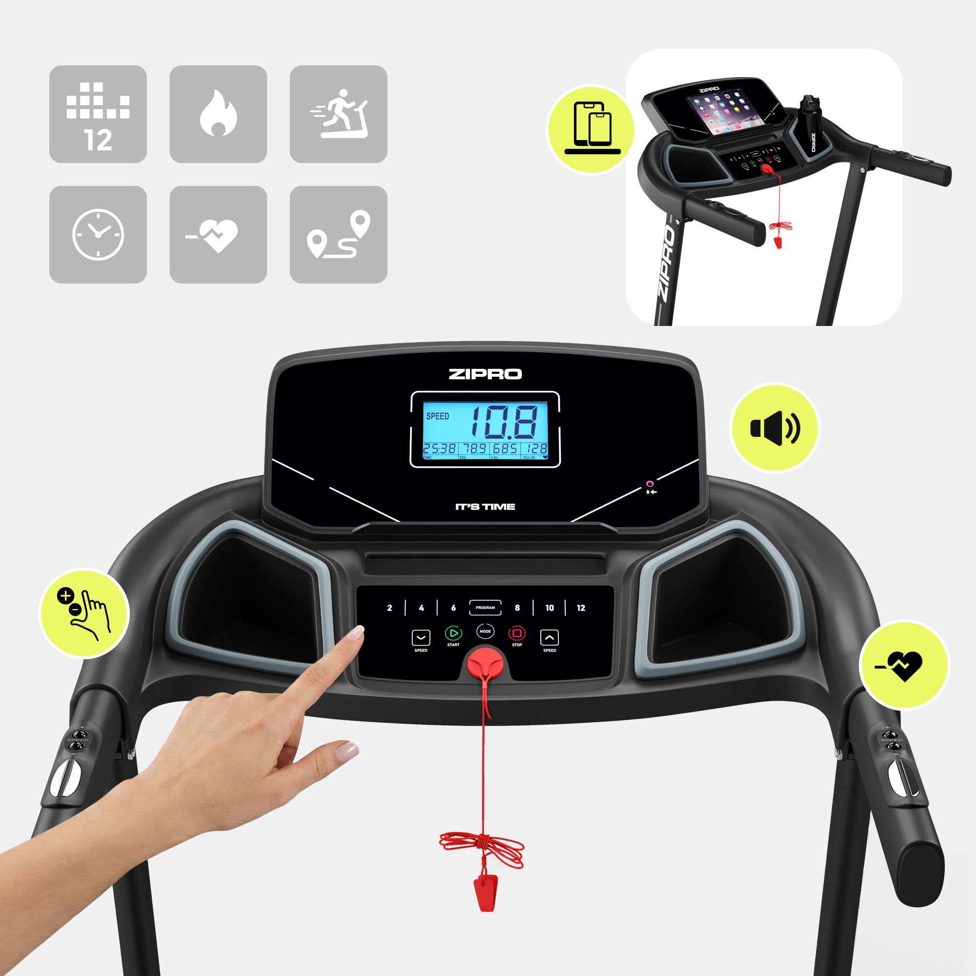 Mano che tocca il pannello di controllo di un tapis roulant Zipro.