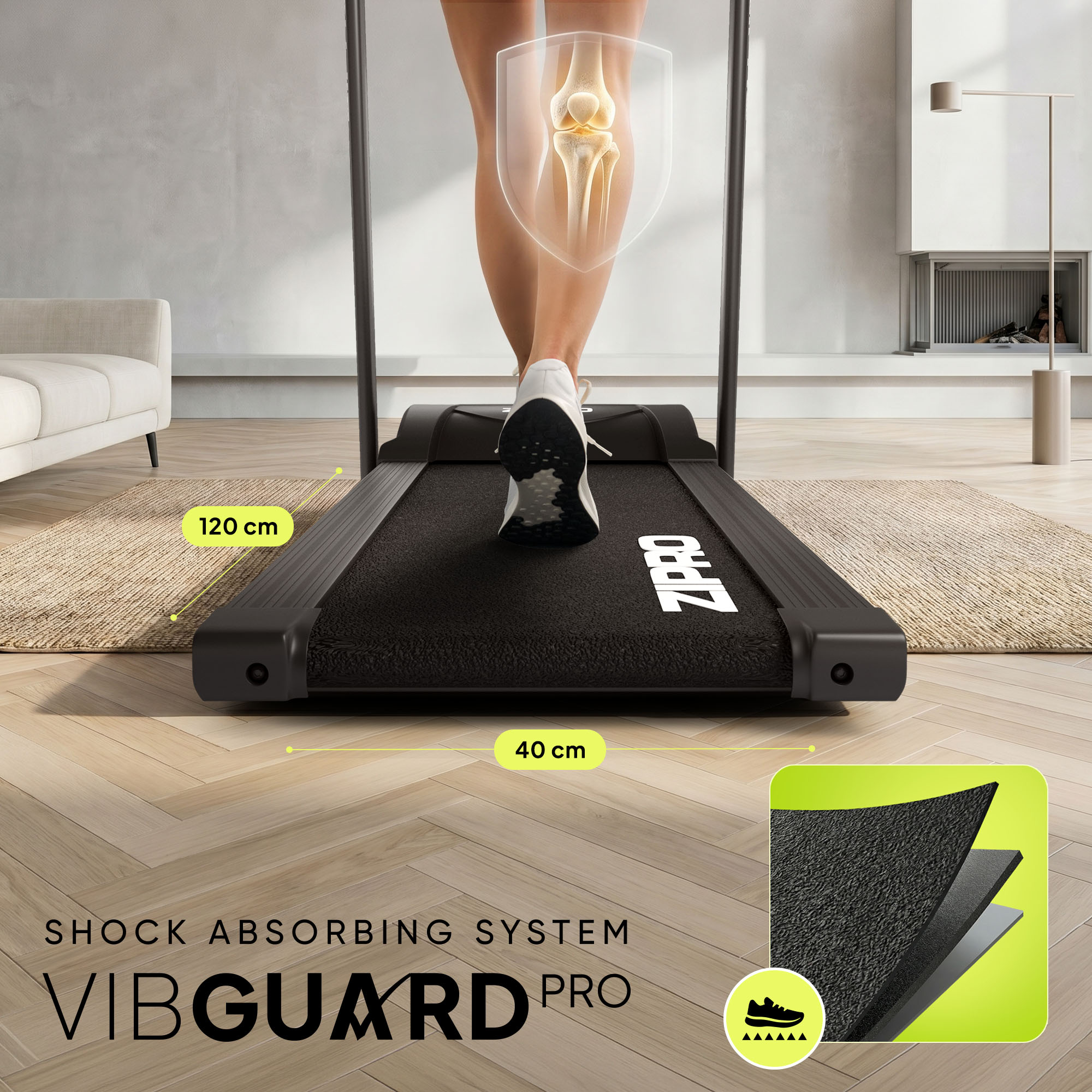 Persona che corre su un tapis roulant nero in salotto con sistema di assorbimento degli urti.