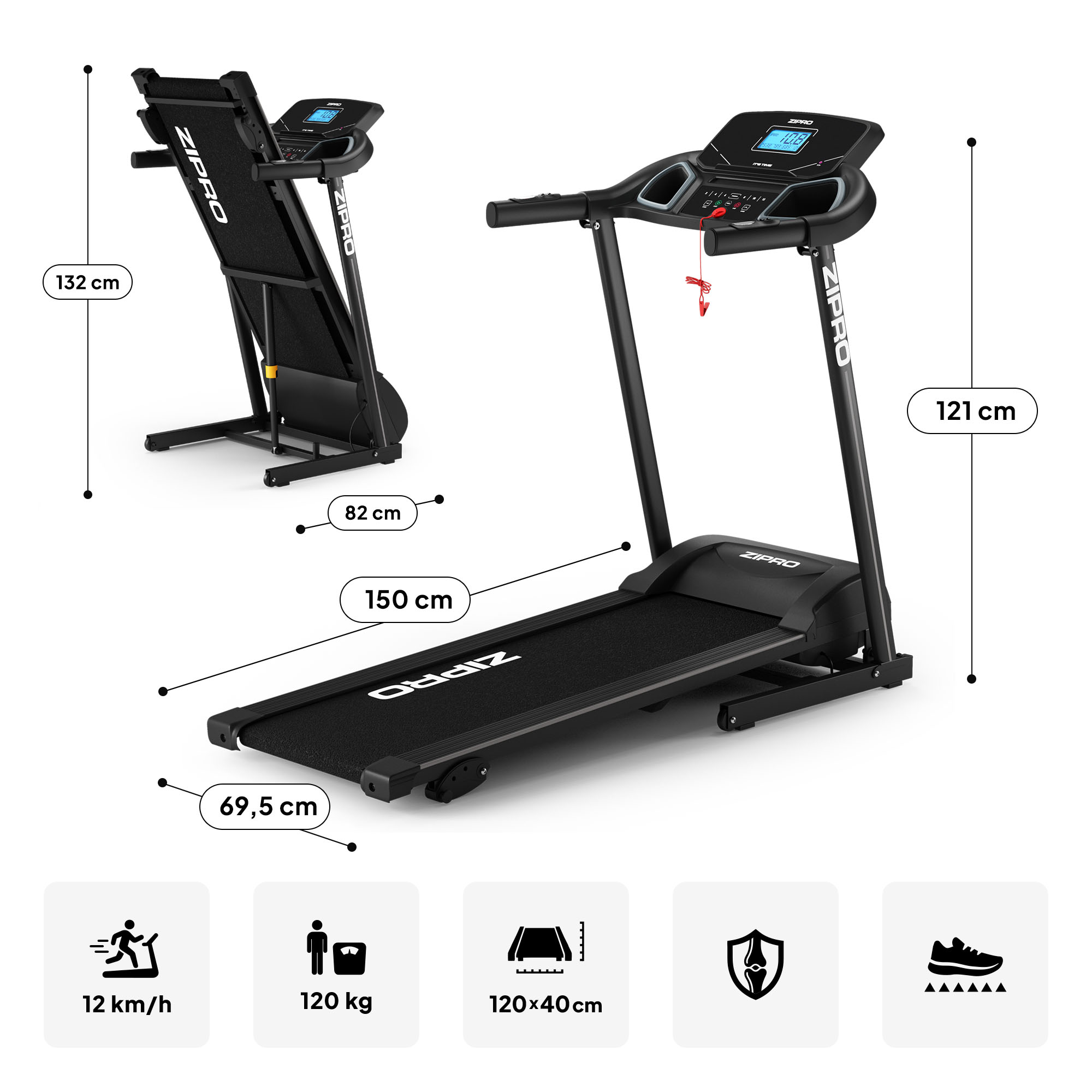 Tapis roulant nero Zipro con dimensioni, piegato e aperto, e icone che indicano le specifiche in basso.