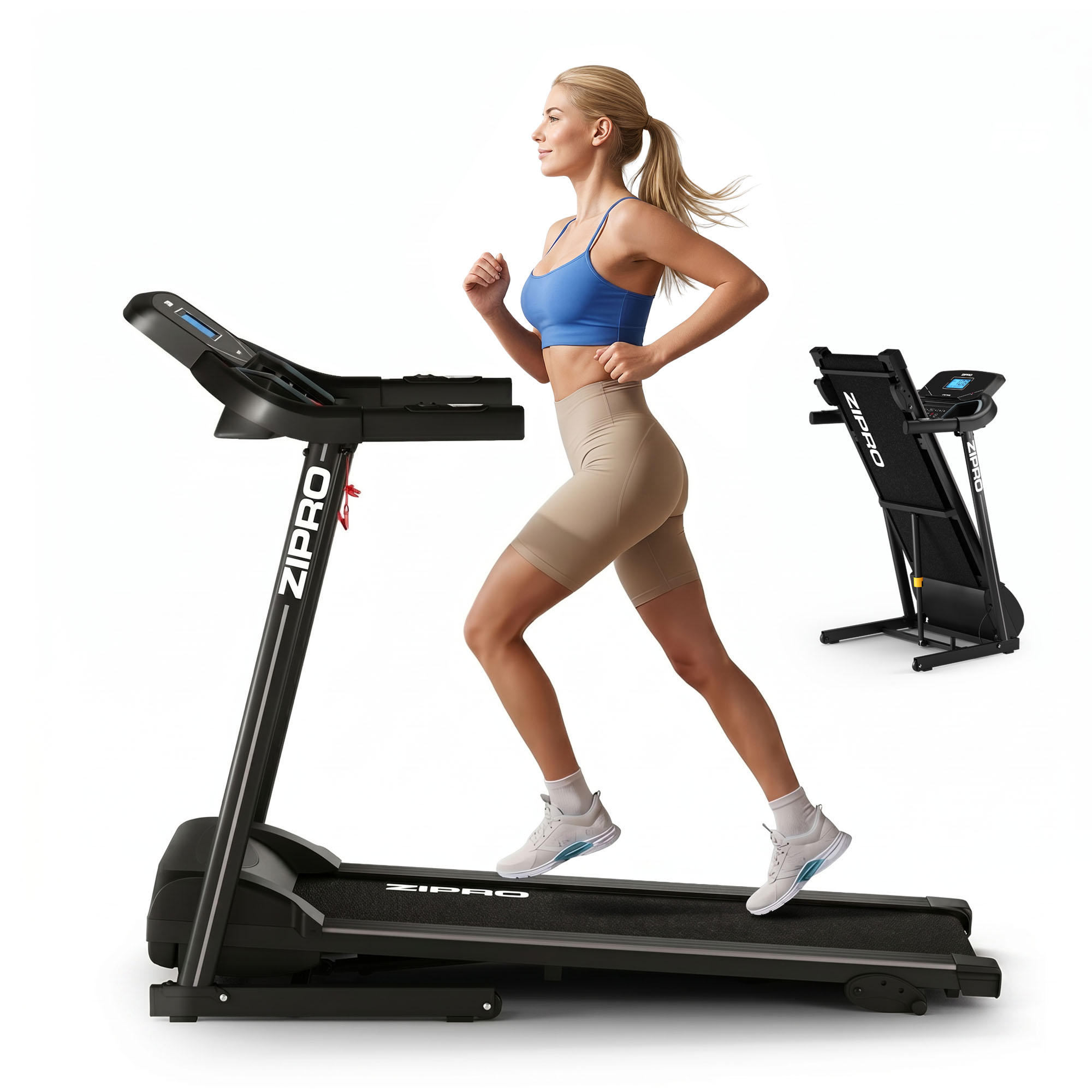 Una donna bionda con reggiseno sportivo blu corre su un tapis roulant Zipro nero su sfondo bianco.