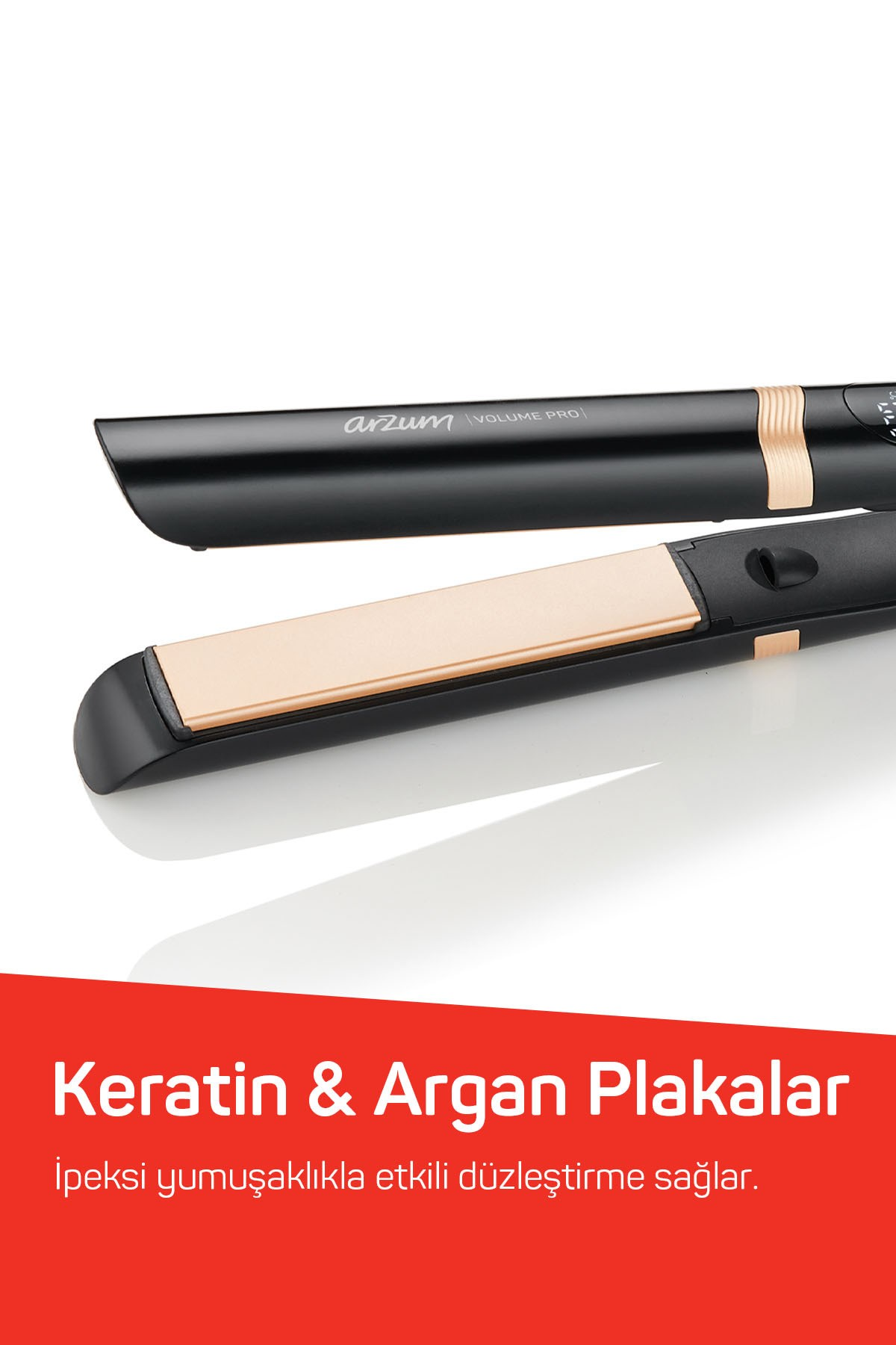 Keratin ve Argan plakalı siyah saç düzleştirici, üzerinde beyaz yazı.