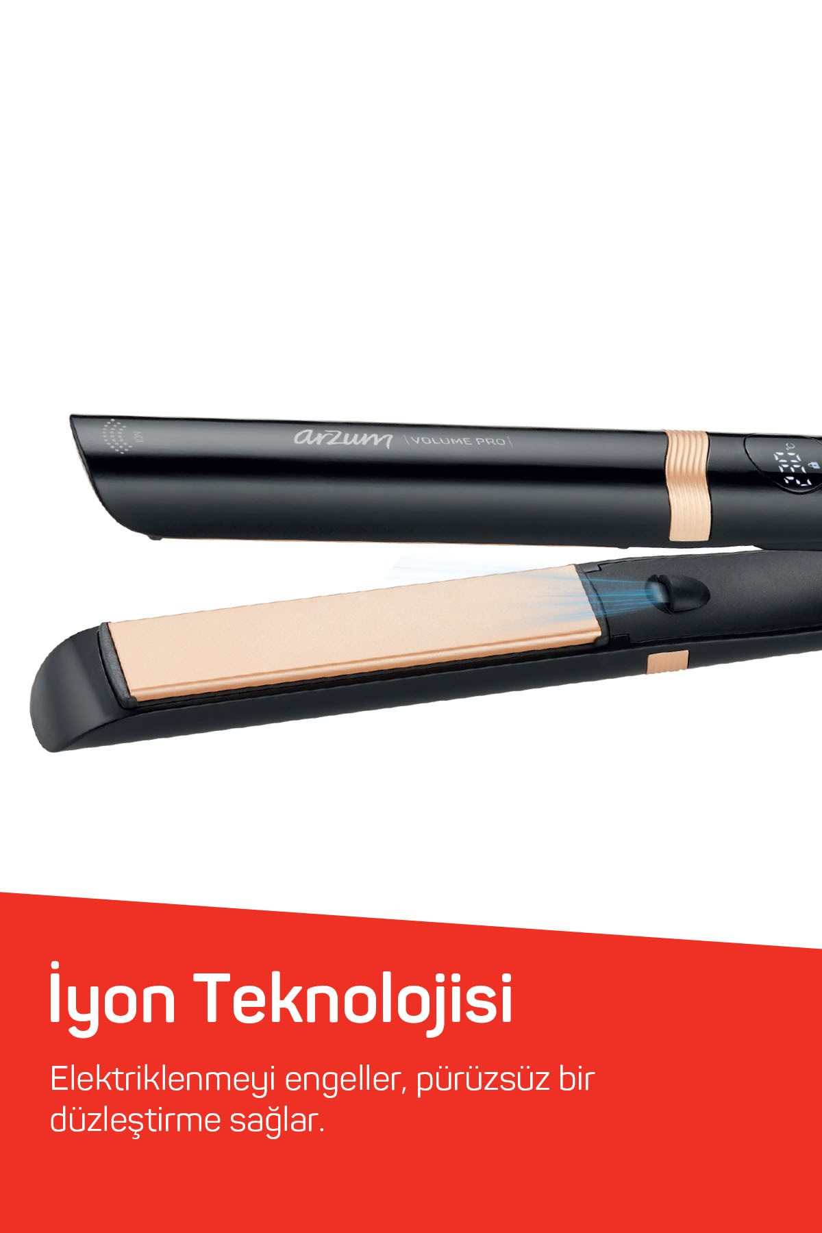 Kırmızı şerit üzerinde altın detaylı siyah Arzum Volume Pro saç düzleştirici.