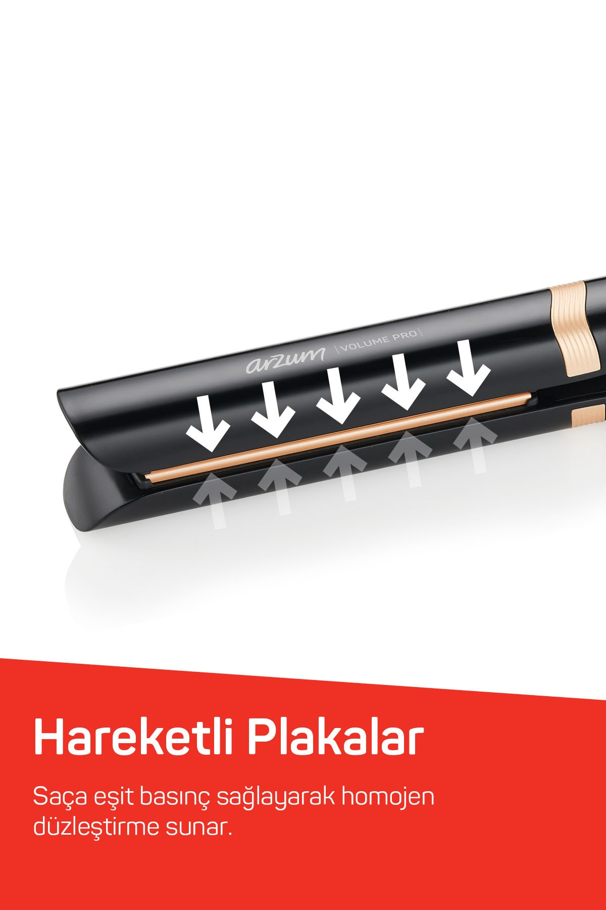 Hareketli plakalar üzerine baskı gösteren okların olduğu siyah saç düzleştirici ve kırmızı şerit.