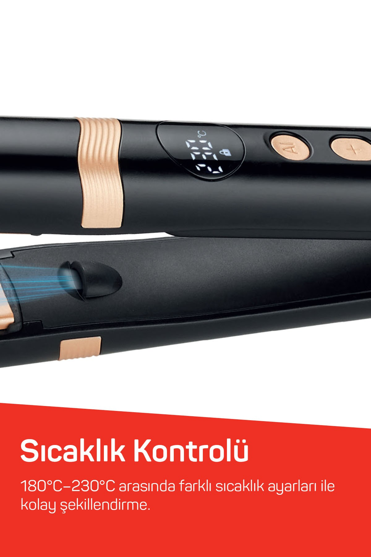 Pembe altın detaylı, dijital sıcaklık göstergeli ve düğmeli siyah saç düzleştiricinin yakın planı.