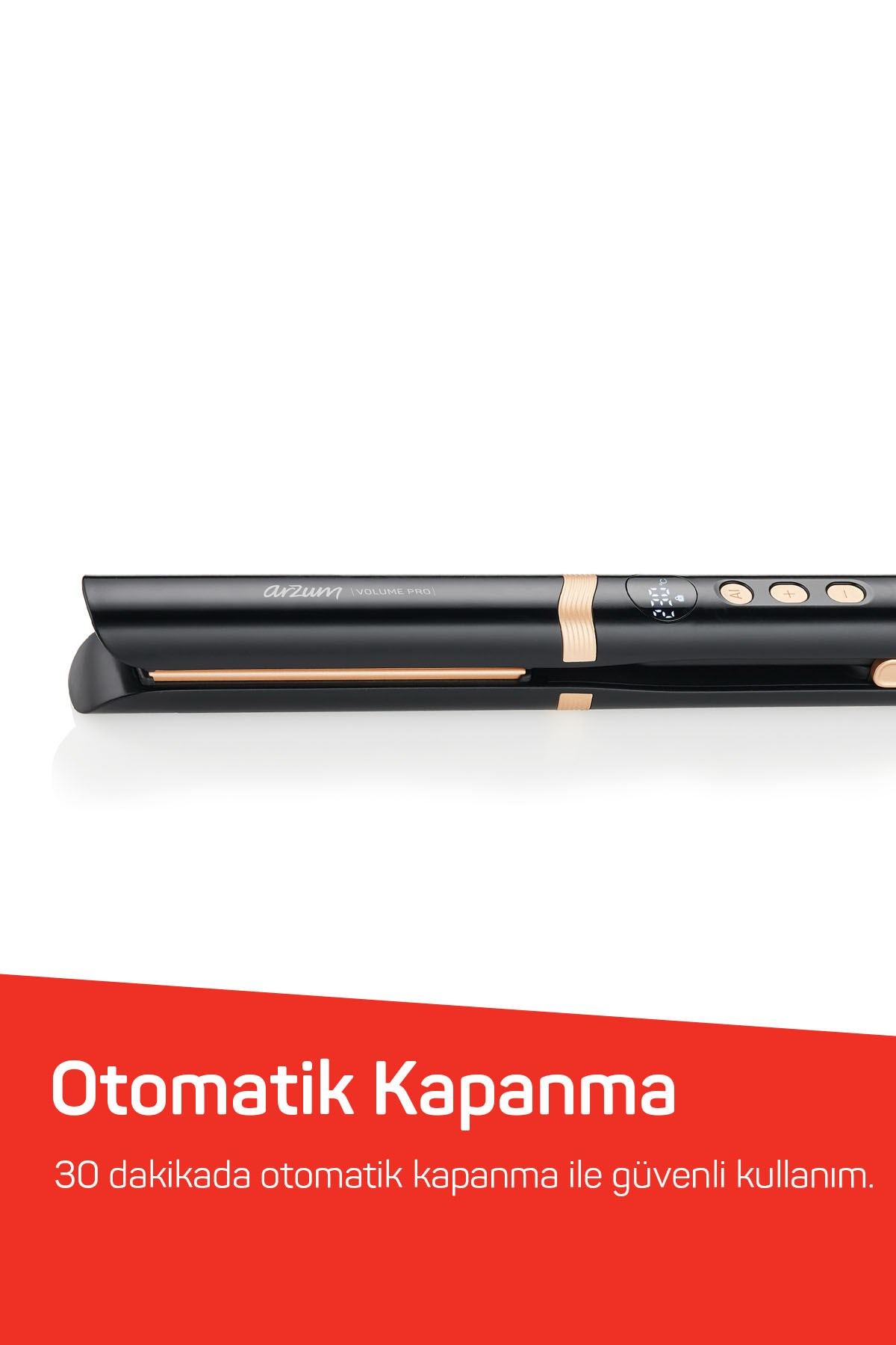 Beyaz ve kırmızı arka plan önünde dijital tuşlu siyah Arzum saç düzleştirici.