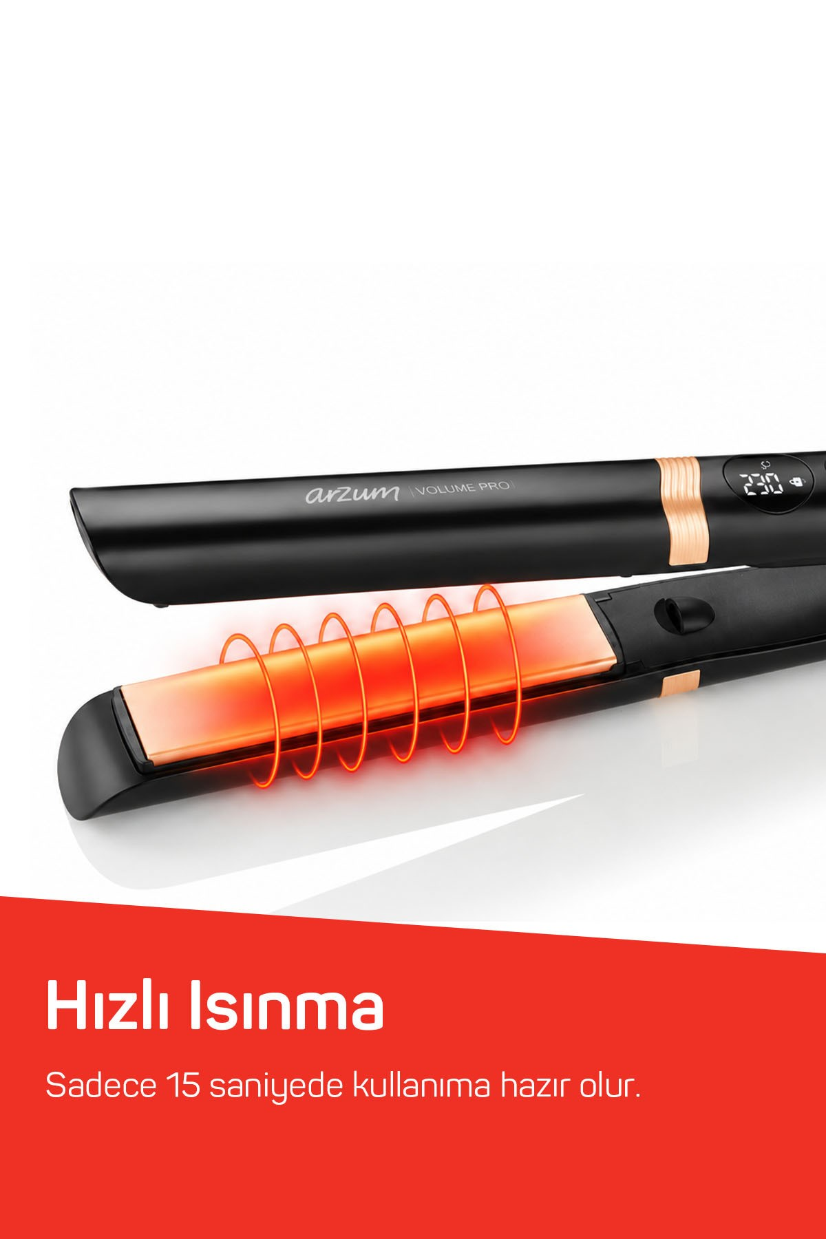 Parıltılı turuncu ısıtma plakalarına sahip siyah saç düzleştirici.