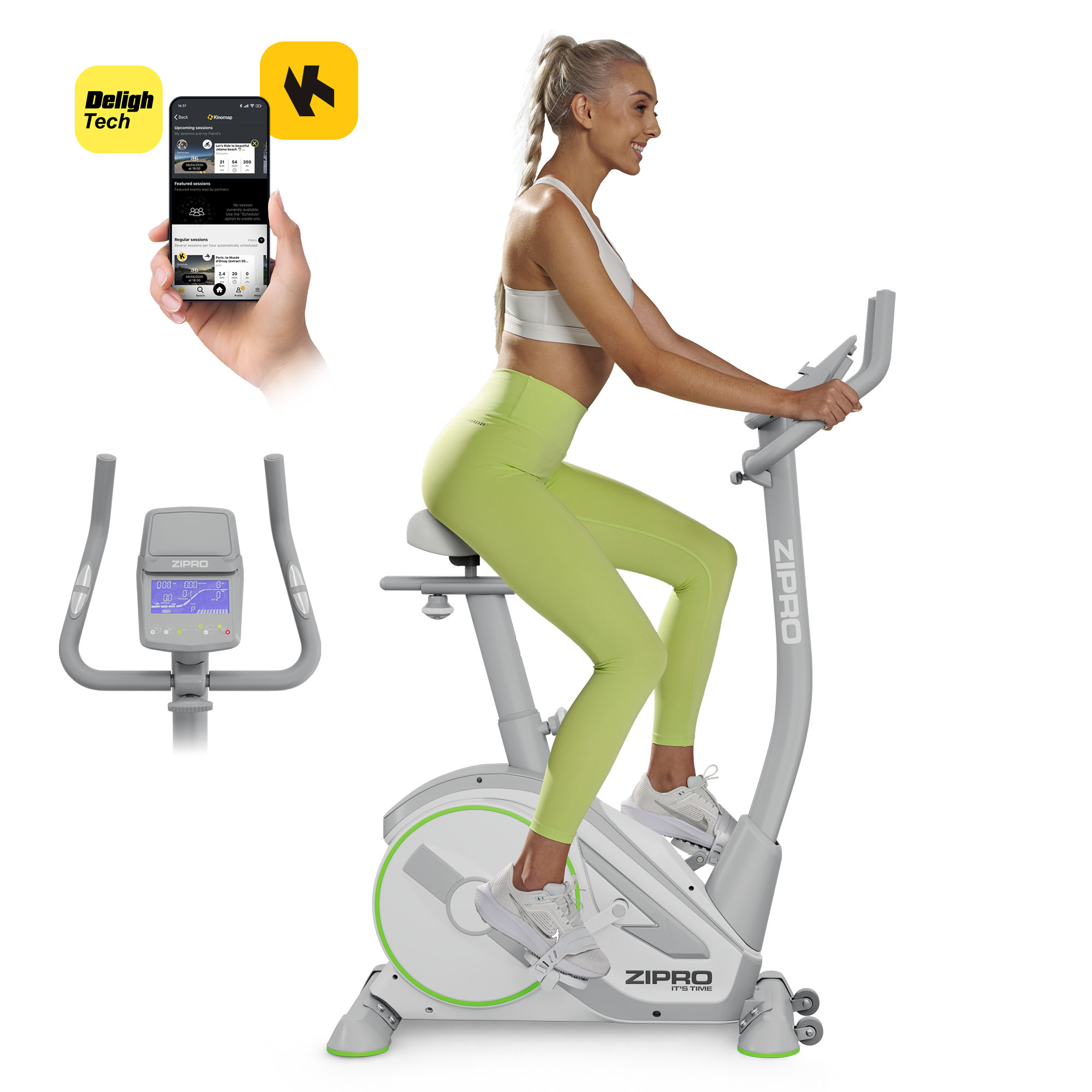 Donna che si allena su cyclette grigia, smartphone con interfaccia app.