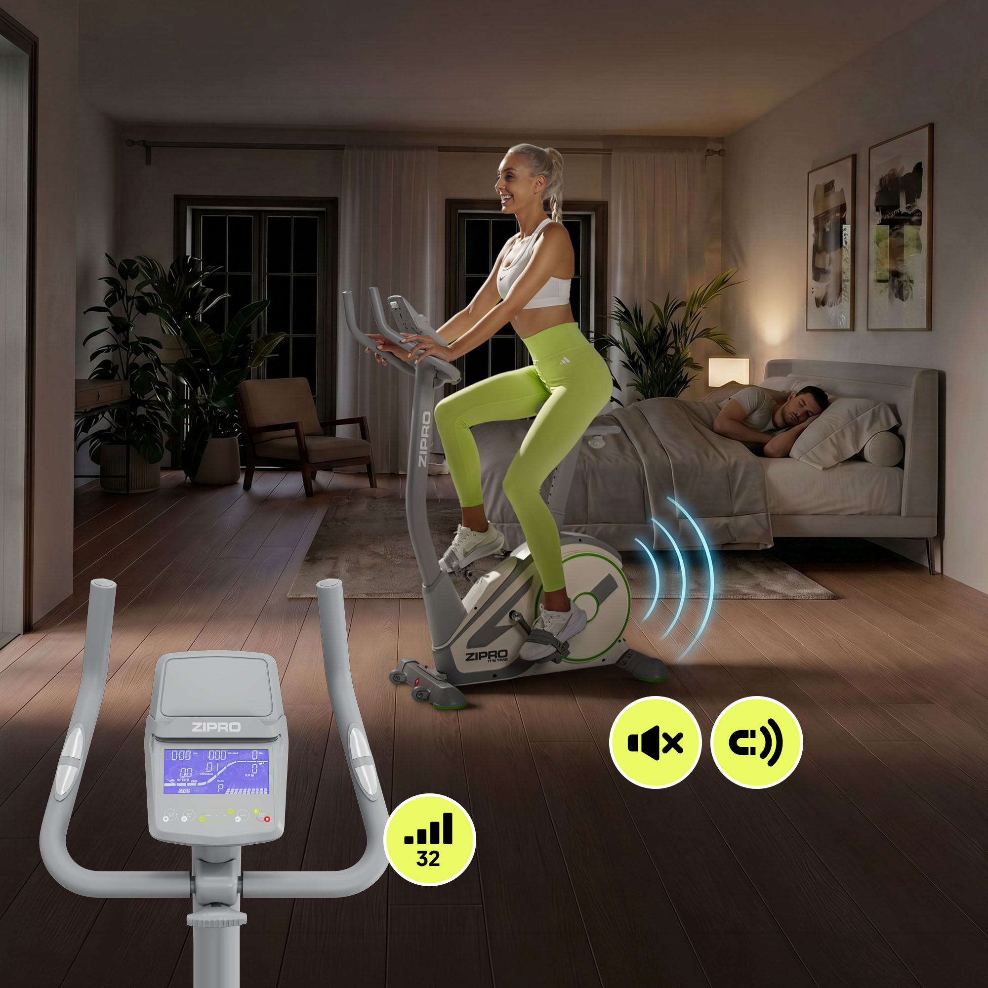 Una donna pedala tranquillamente su una cyclette in camera da letto mentre un uomo dorme.