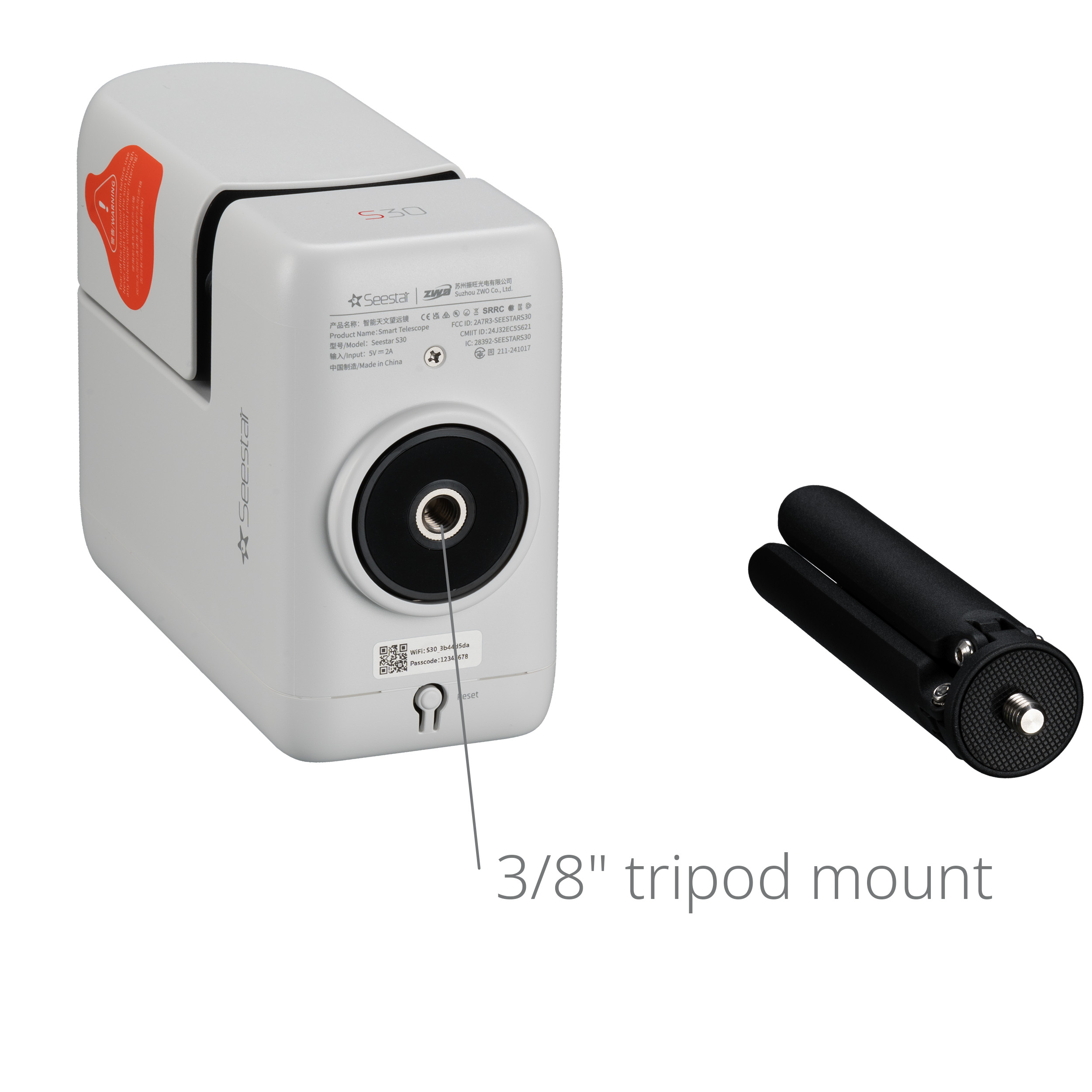 Telescopio inteligente Seestar S30 con montaje para trípode de 3/8" y un pequeño trípode negro.
