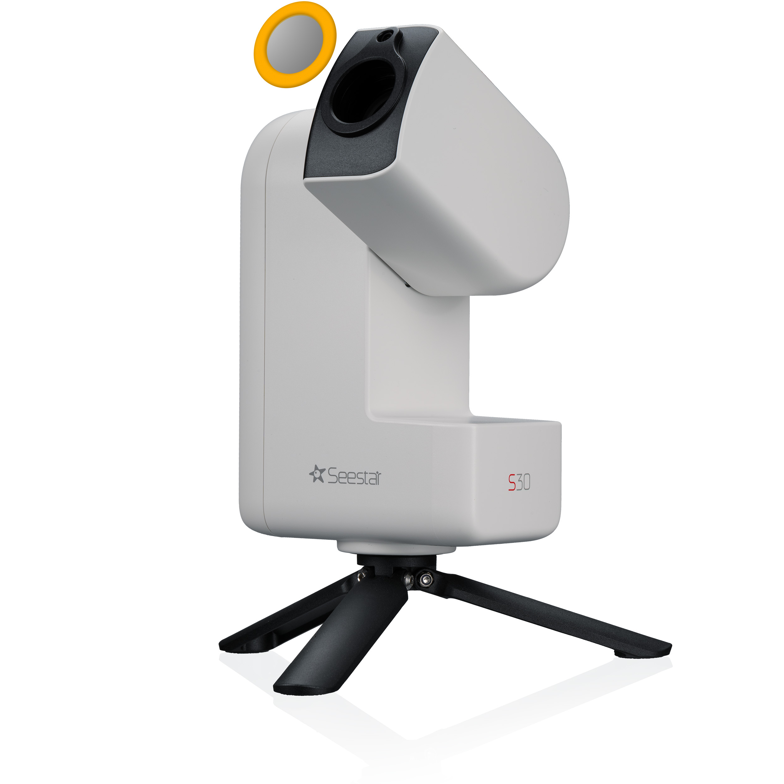 Telescopio inteligente Seestar S30 blanco en un trípode negro con un filtro naranja.