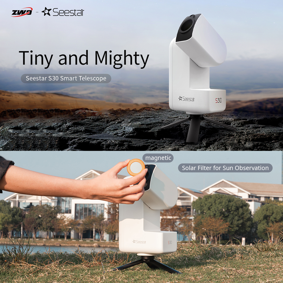 Telescopio inteligente Seestar S30 en un trípode, mostrado con un filtro solar magnético para observación solar.