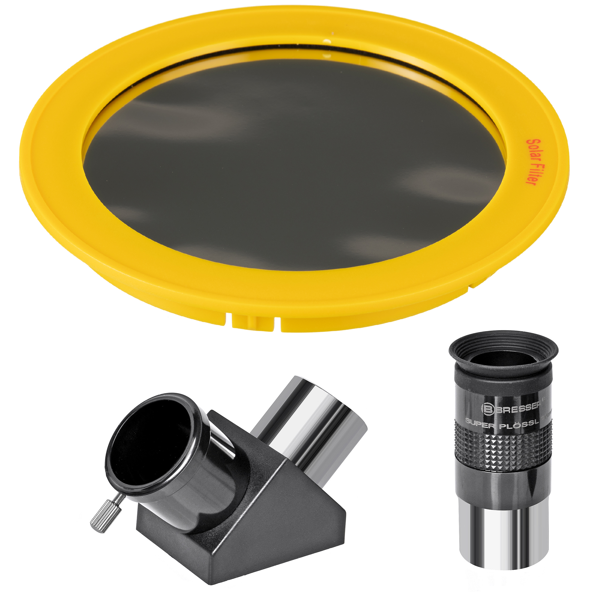 Gelber Sonnenfilter, schwarzer Zenitspiegel und silber-schwarzes Okular auf weißem Hintergrund.