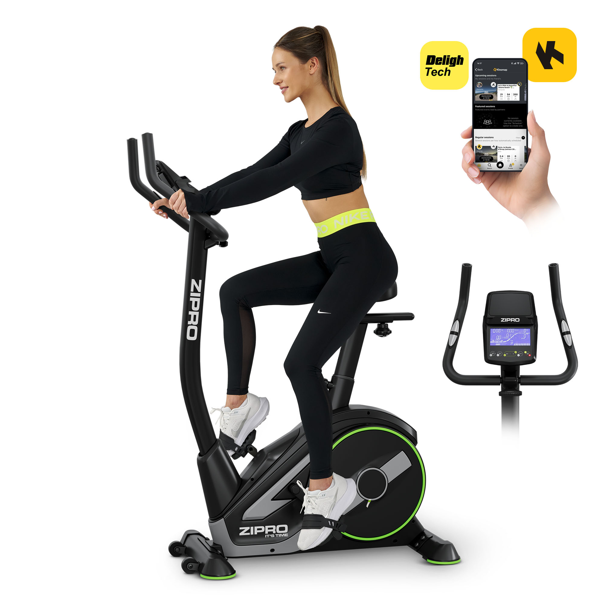 Una donna in abbigliamento sportivo si allena su una cyclette nera Zipro, con grafiche di app e display.