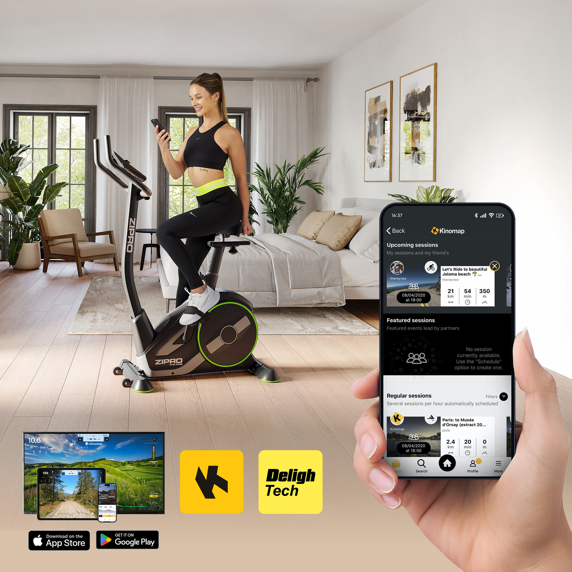 Una donna in abbigliamento sportivo usa una cyclette in una camera da letto luminosa guardando lo smartphone.