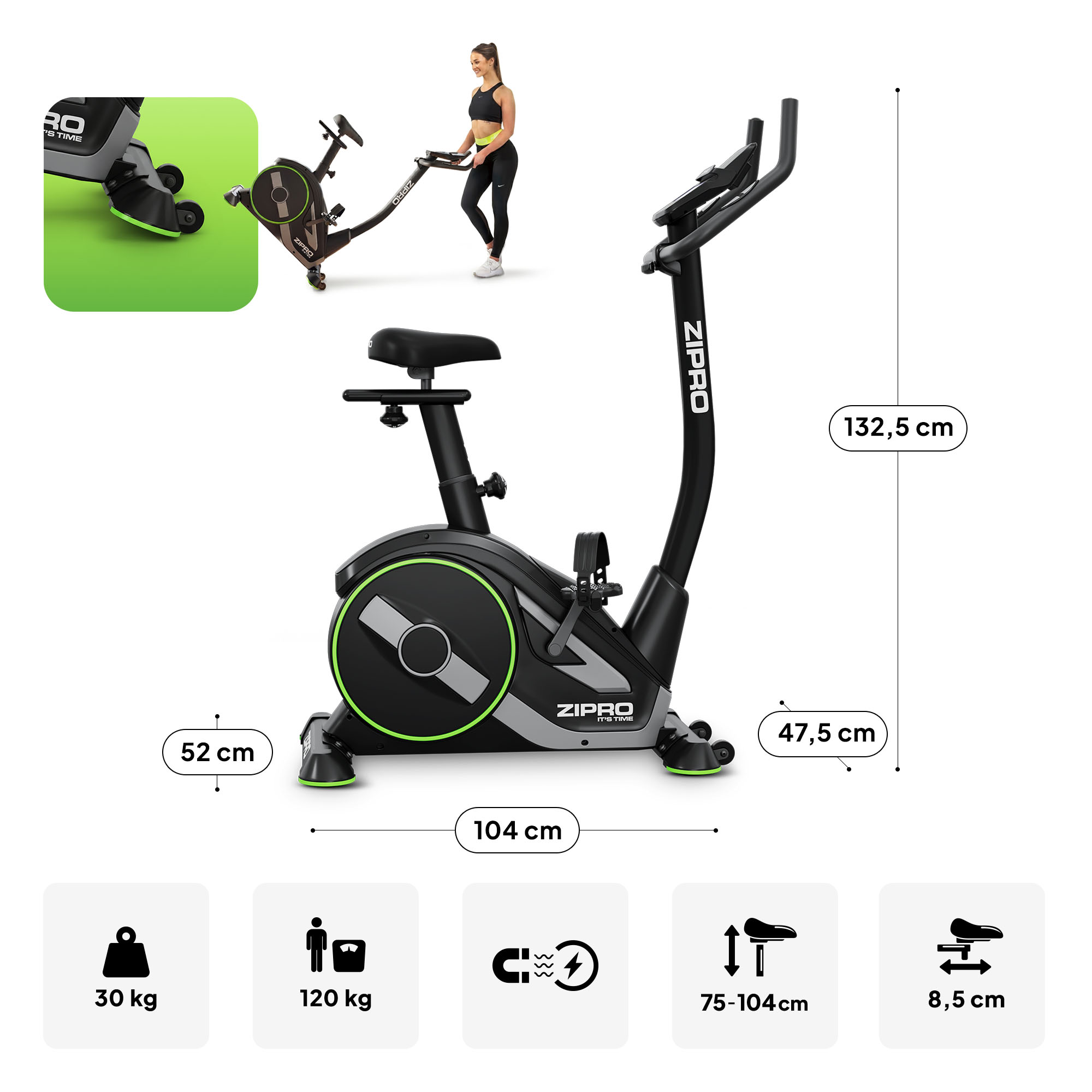 Cyclette Zipro nera con dettagli verdi, misure e icone tecniche.