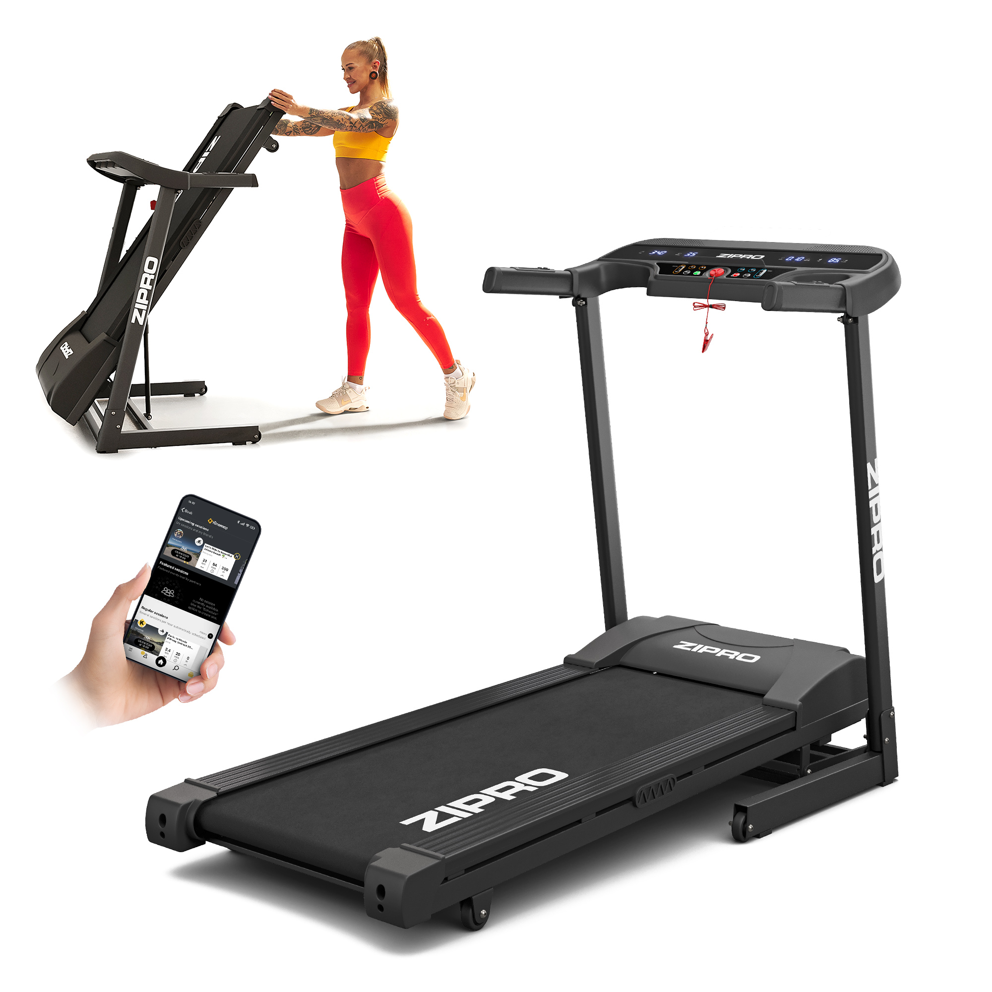 Una donna in abbigliamento sportivo piega un tapis roulant nero Zipro. Una mano regge uno smartphone.