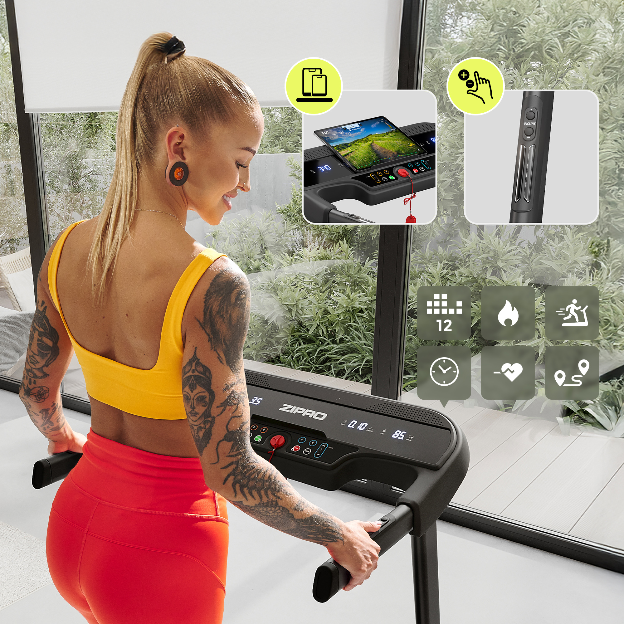 Una donna tatuata in top giallo si allena su un tapis roulant Zipro davanti a una grande finestra.