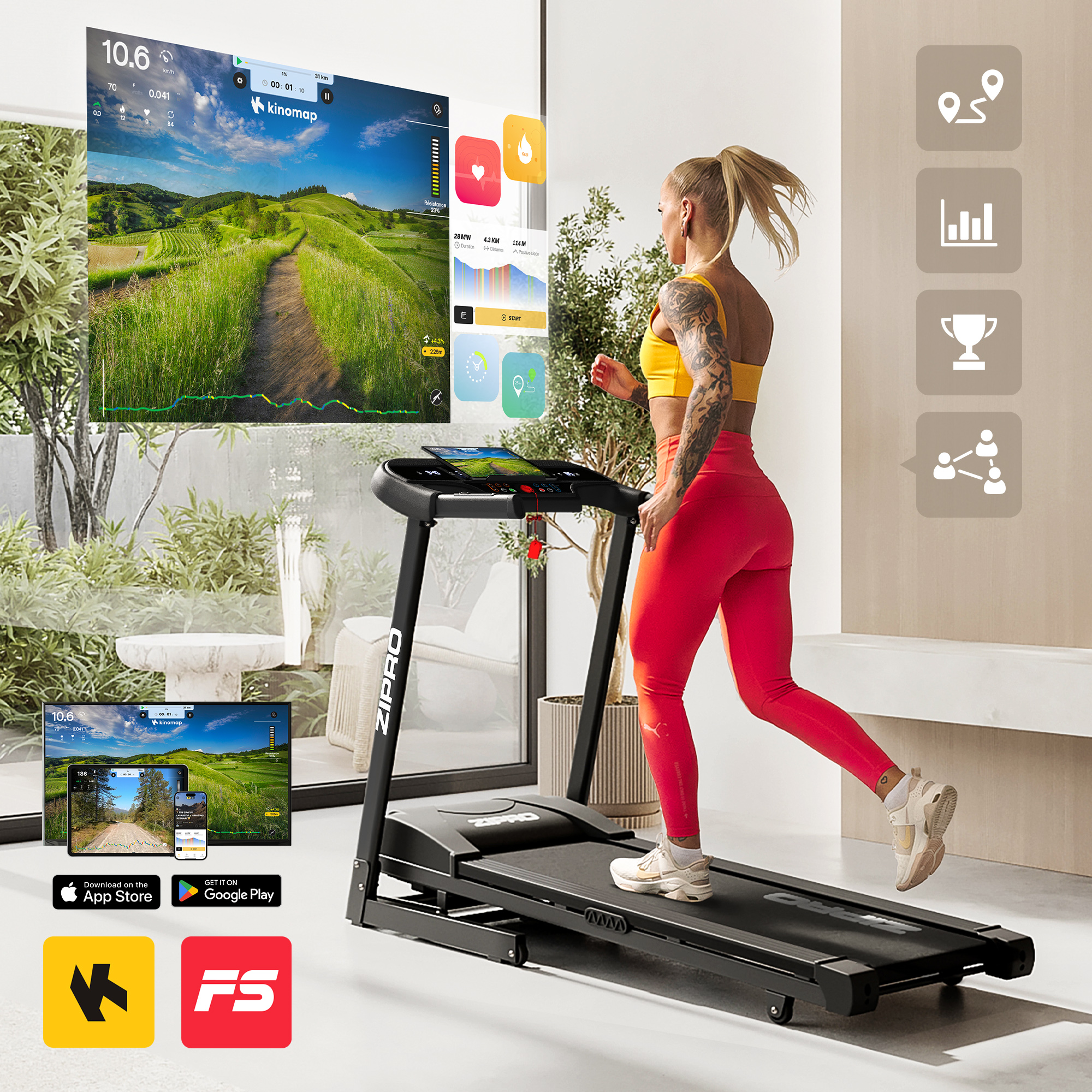 Una donna corre su un tapis roulant nero davanti a uno schermo con paesaggio virtuale.