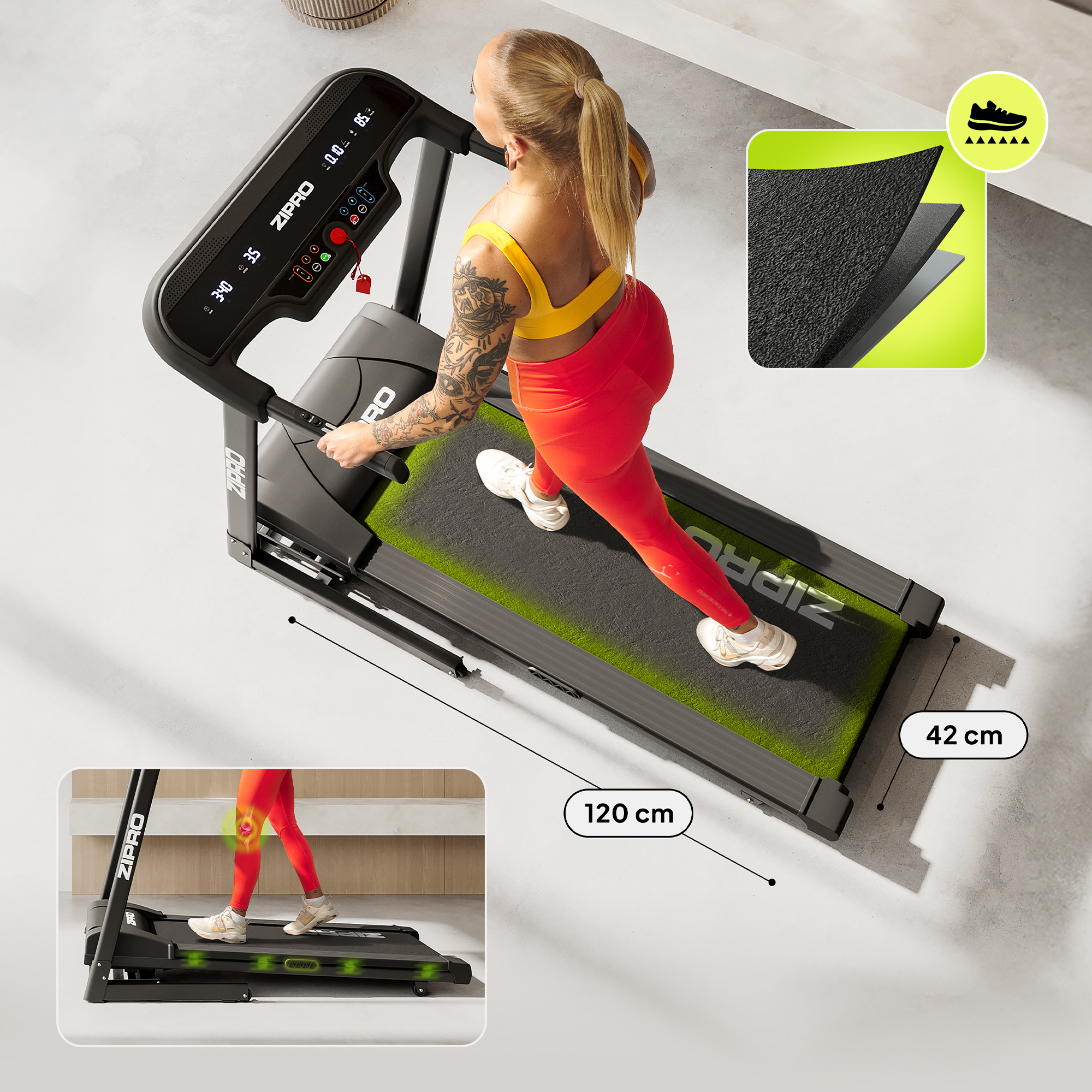 Donna che cammina su un tapis roulant nero con leggings rossi e top giallo, con dimensioni e dettagli.