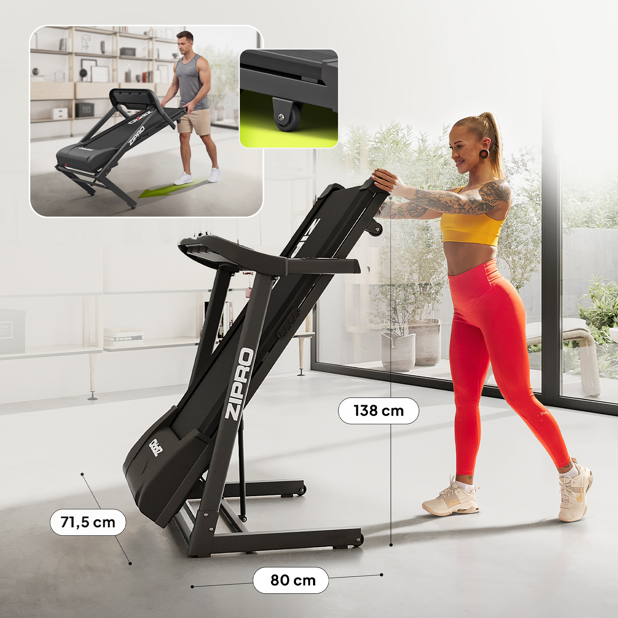 Una donna bionda piega un tapis roulant Zipro nero in una stanza luminosa.