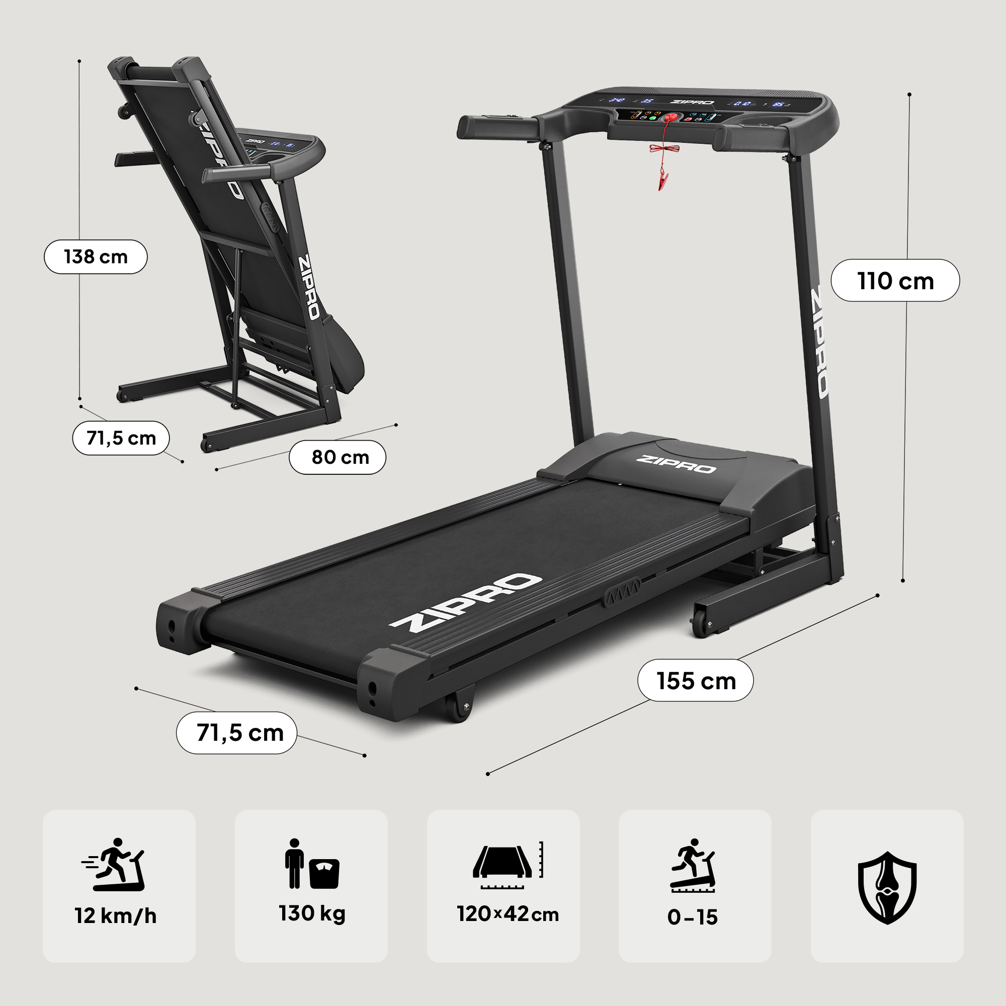 Tapis roulant Zipro nero con dimensioni e icone.