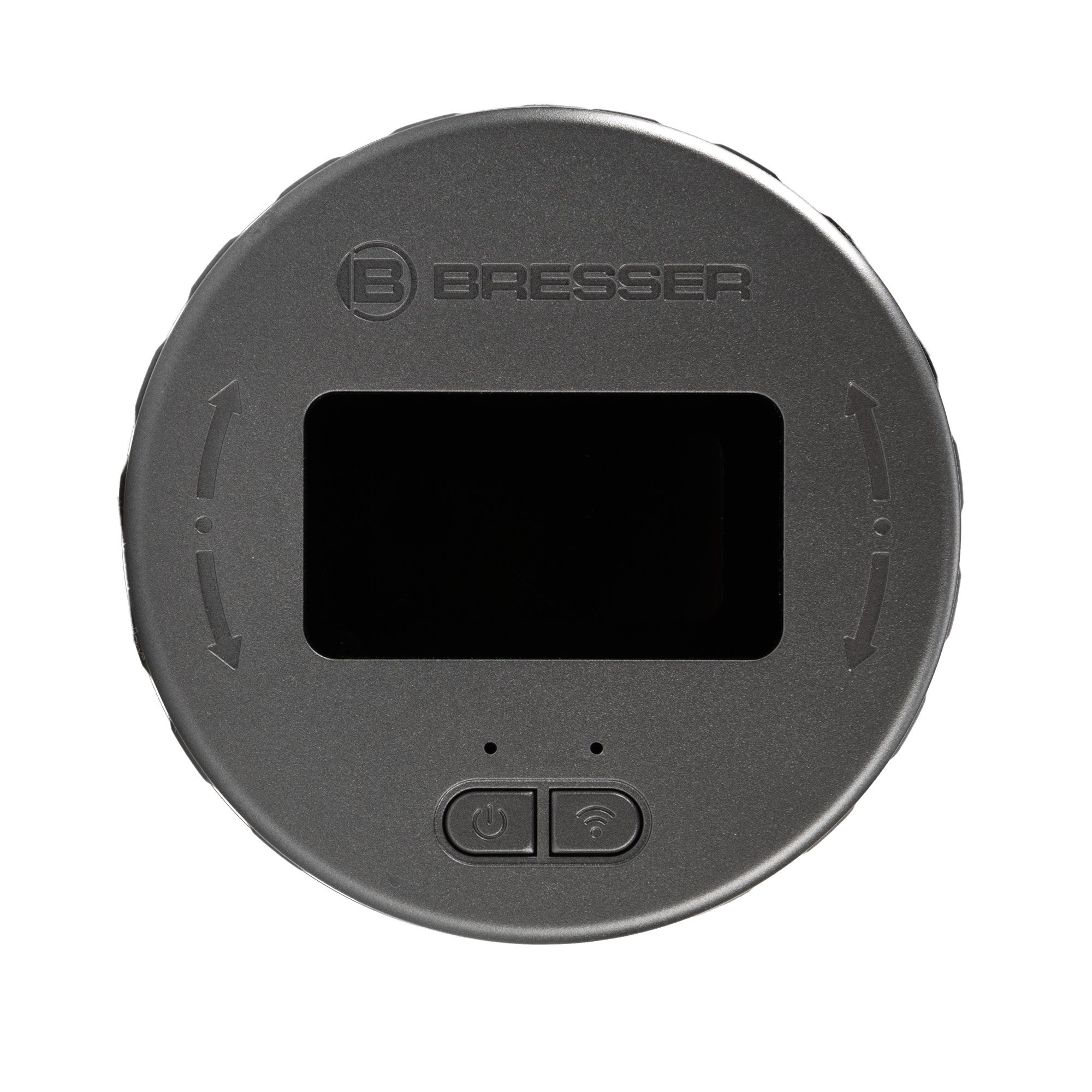 Dispositivo Bresser negro redondo con pantalla, dos botones y flechas de dirección sobre fondo blanco.