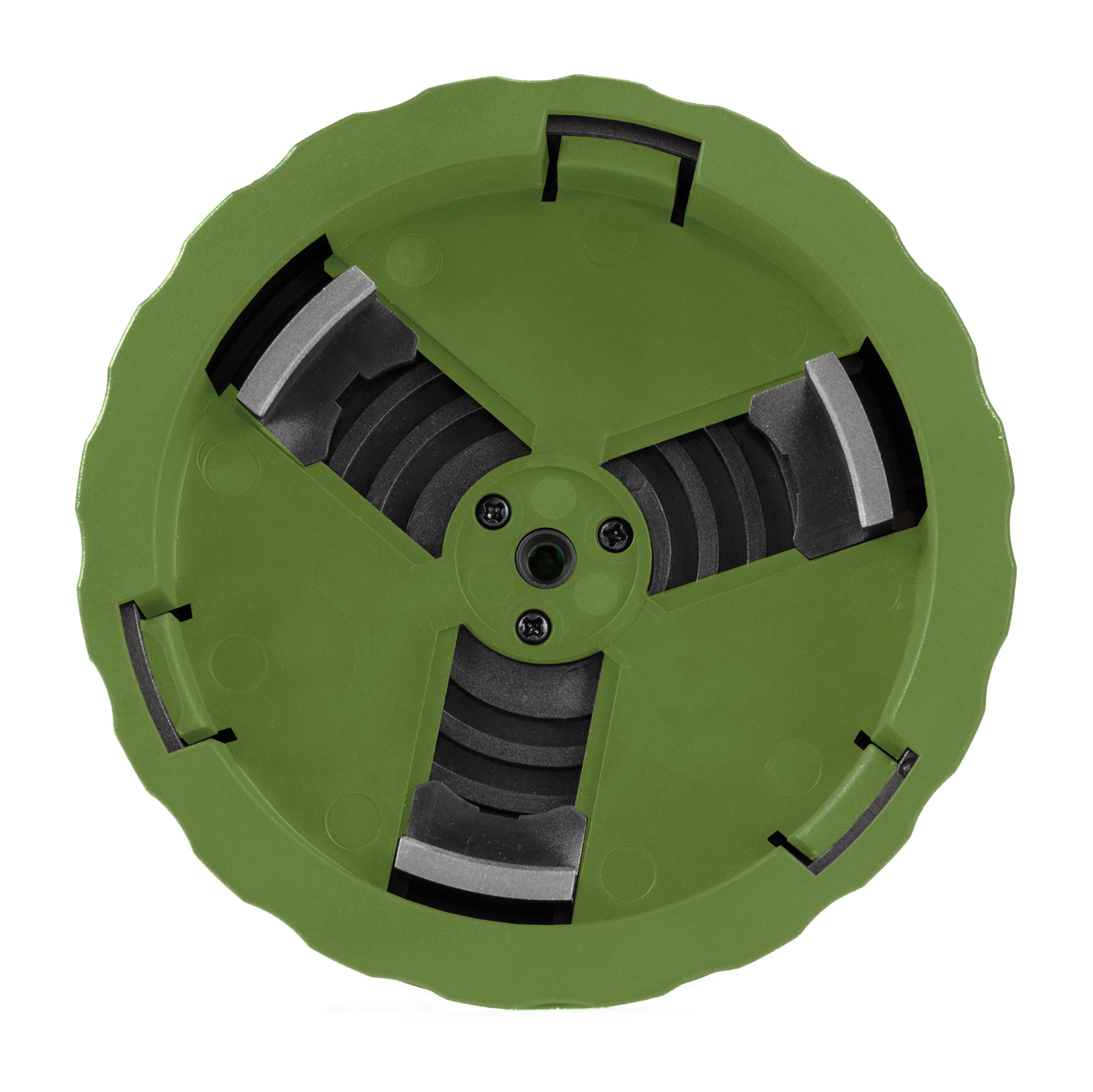 Un componente mecánico redondo y verde con tres cuchillas negras y grises y un mecanismo de tornillo central.