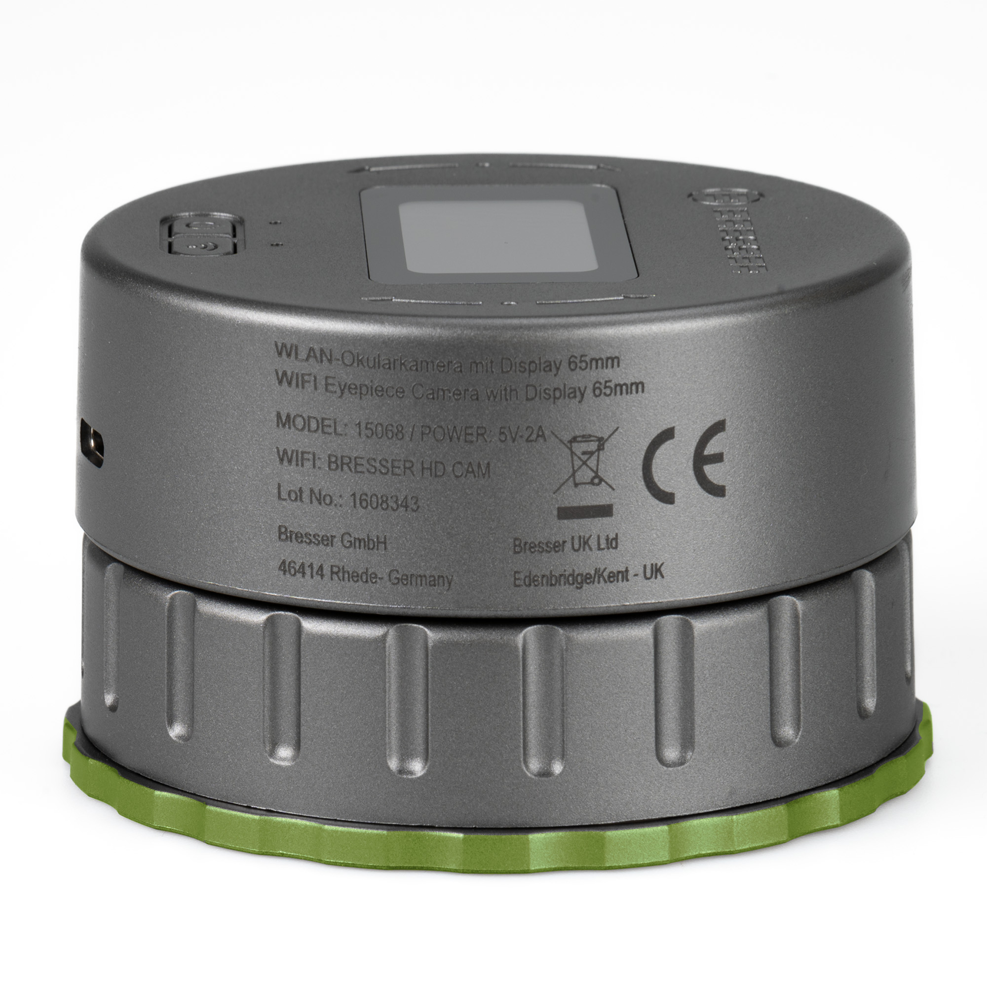 Cámara ocular WiFi Bresser cilíndrica gris con detalles del producto, pantalla y base verde sobre fondo blanco.
