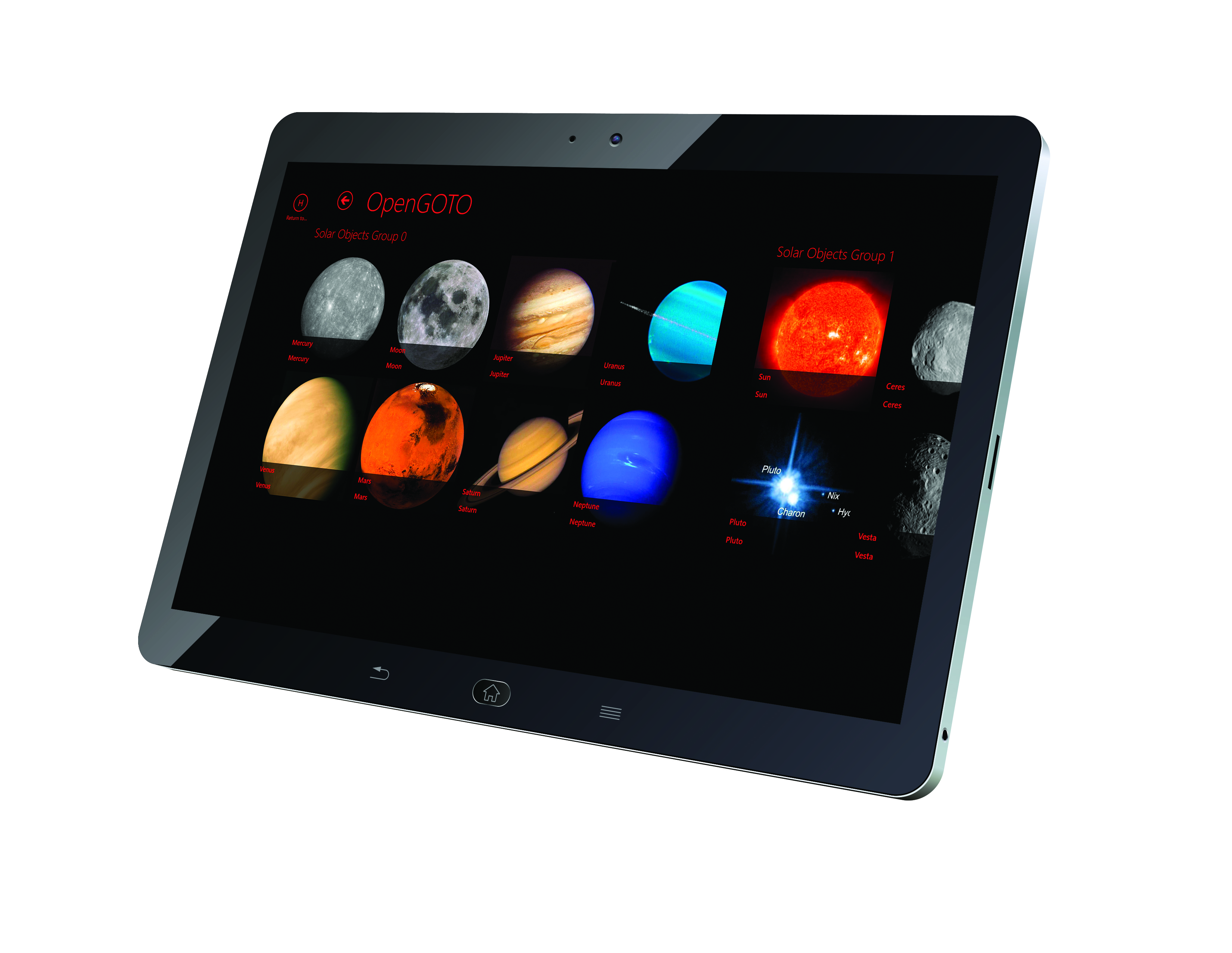 Una tableta negra muestra la aplicación OpenGOTO, con imágenes y nombres de planetas y cuerpos celestes.