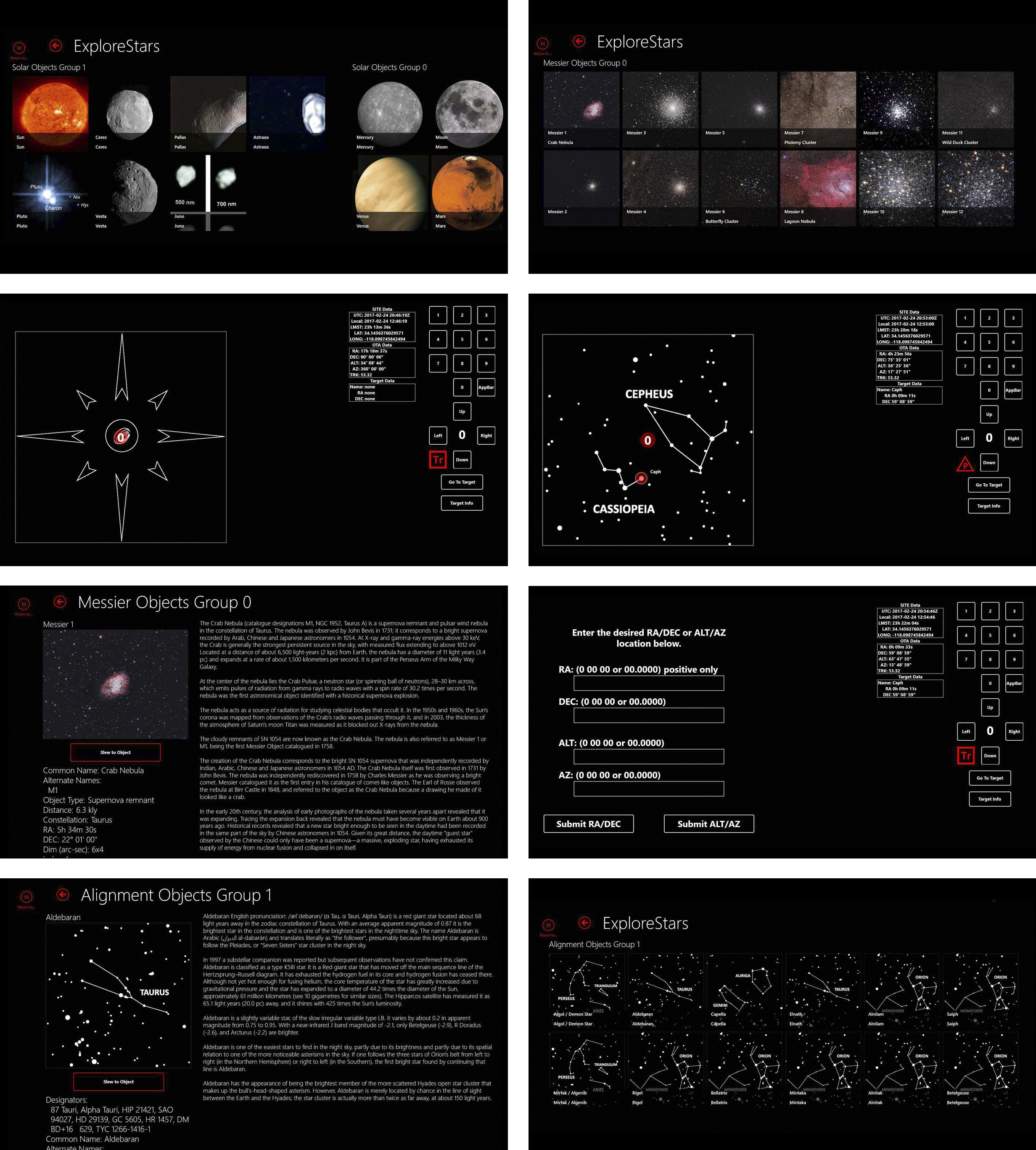 Una interfaz de software de astronomía con tema oscuro que muestra cuerpos celestes, herramientas y paneles.