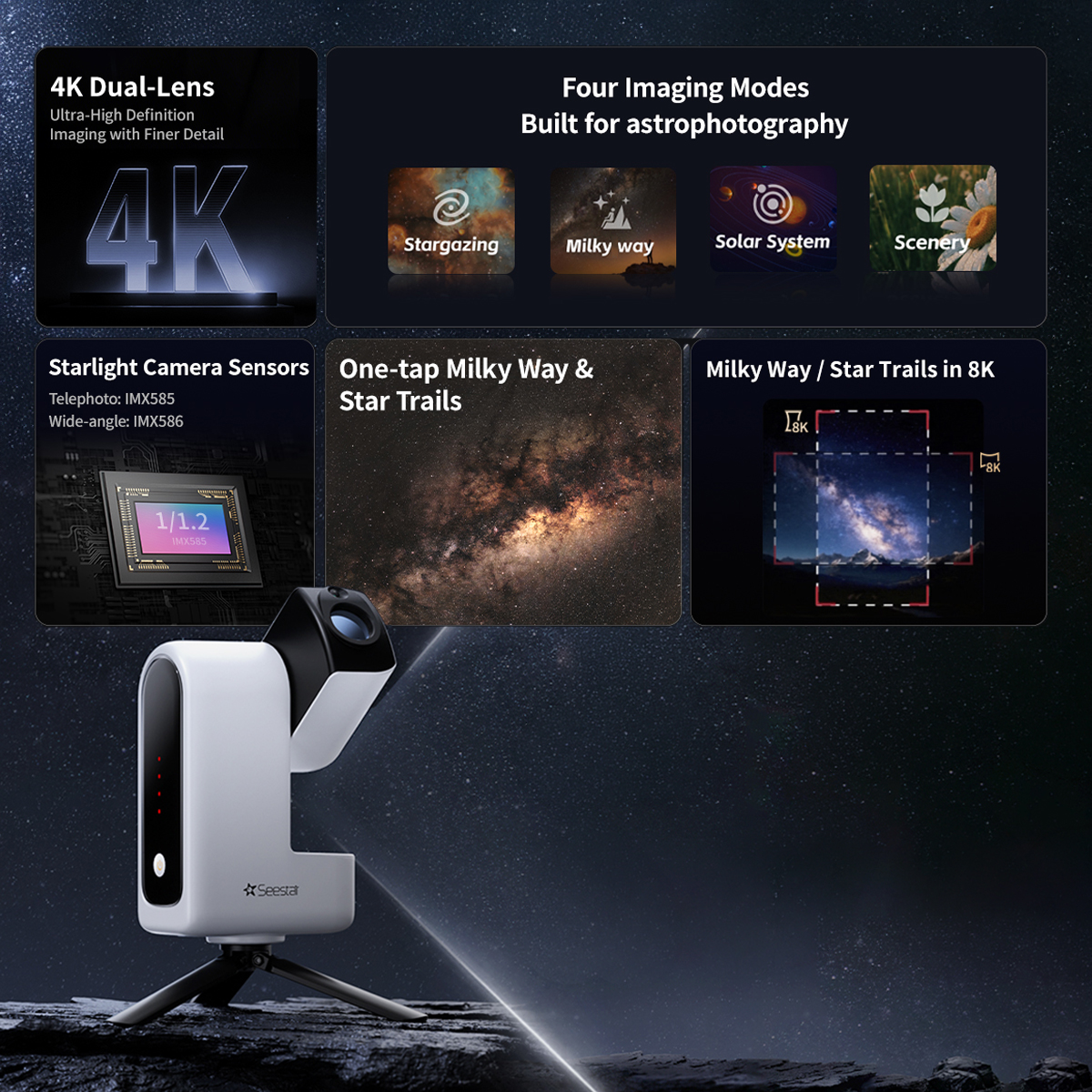 Un telescopio Seestar blanco en un trípode sobre un fondo estrellado con textos informativos.