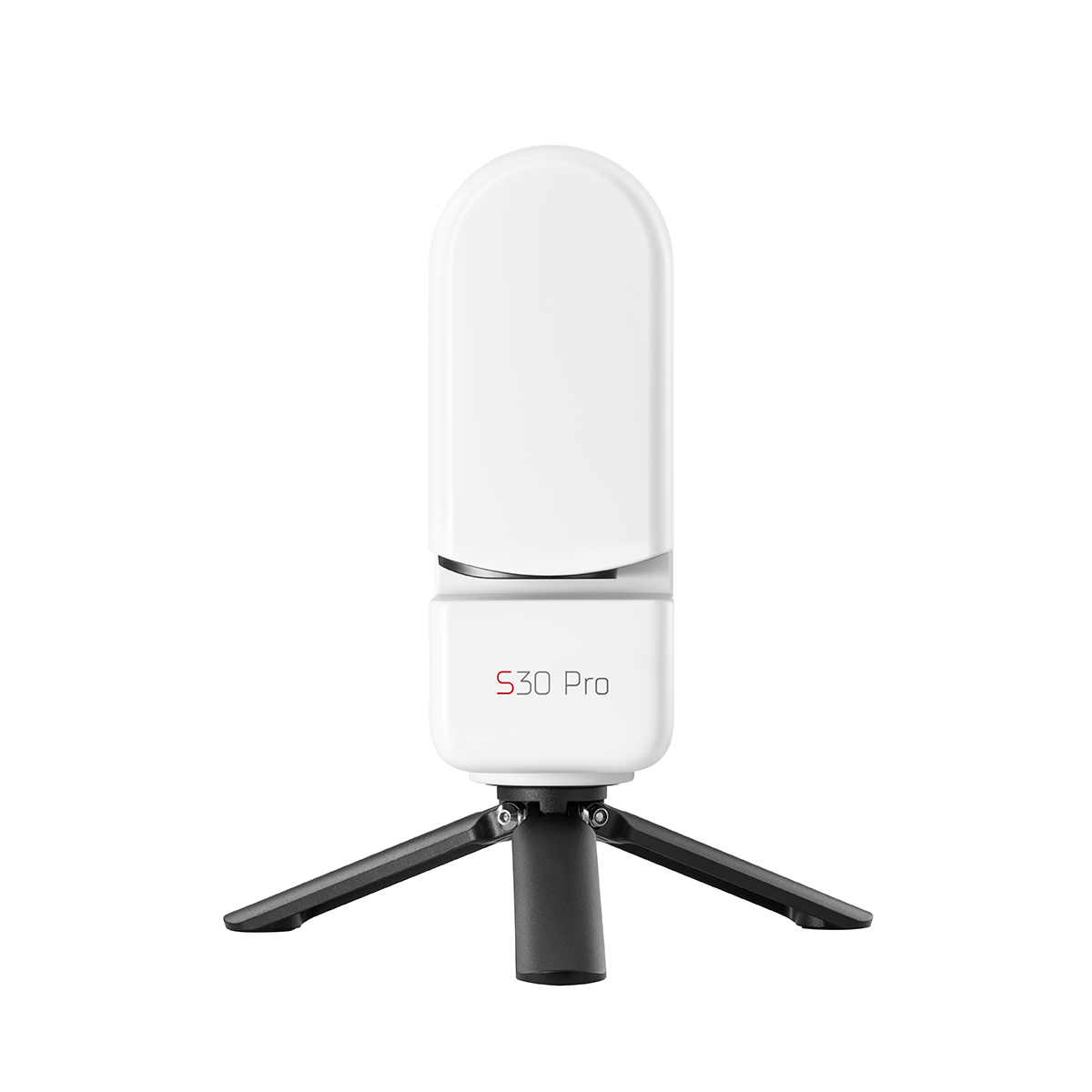 Un dispositivo S30 Pro blanco montado en un trípode negro sobre fondo blanco.