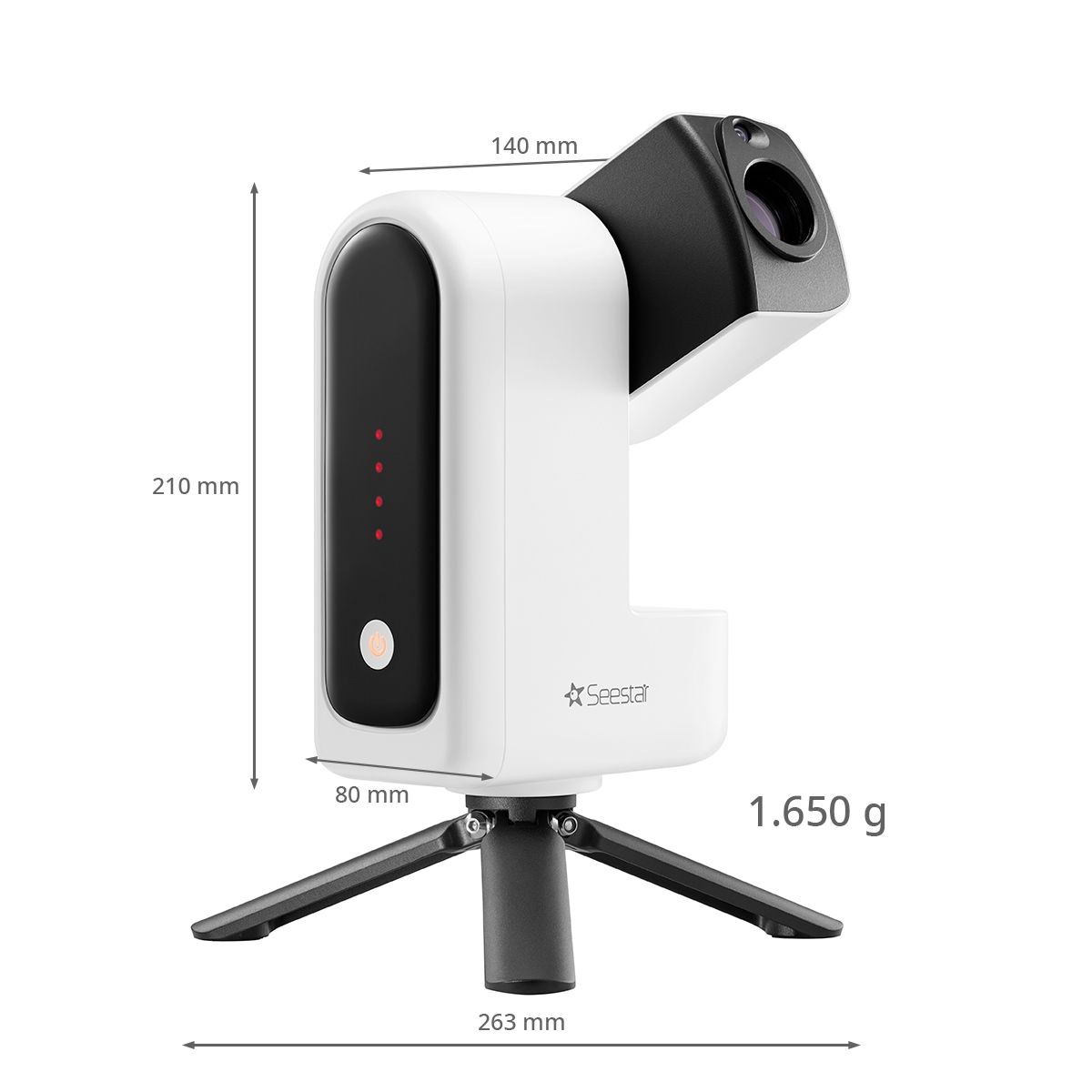 Telescopio inteligente Seestar blanco en trípode con medidas técnicas.