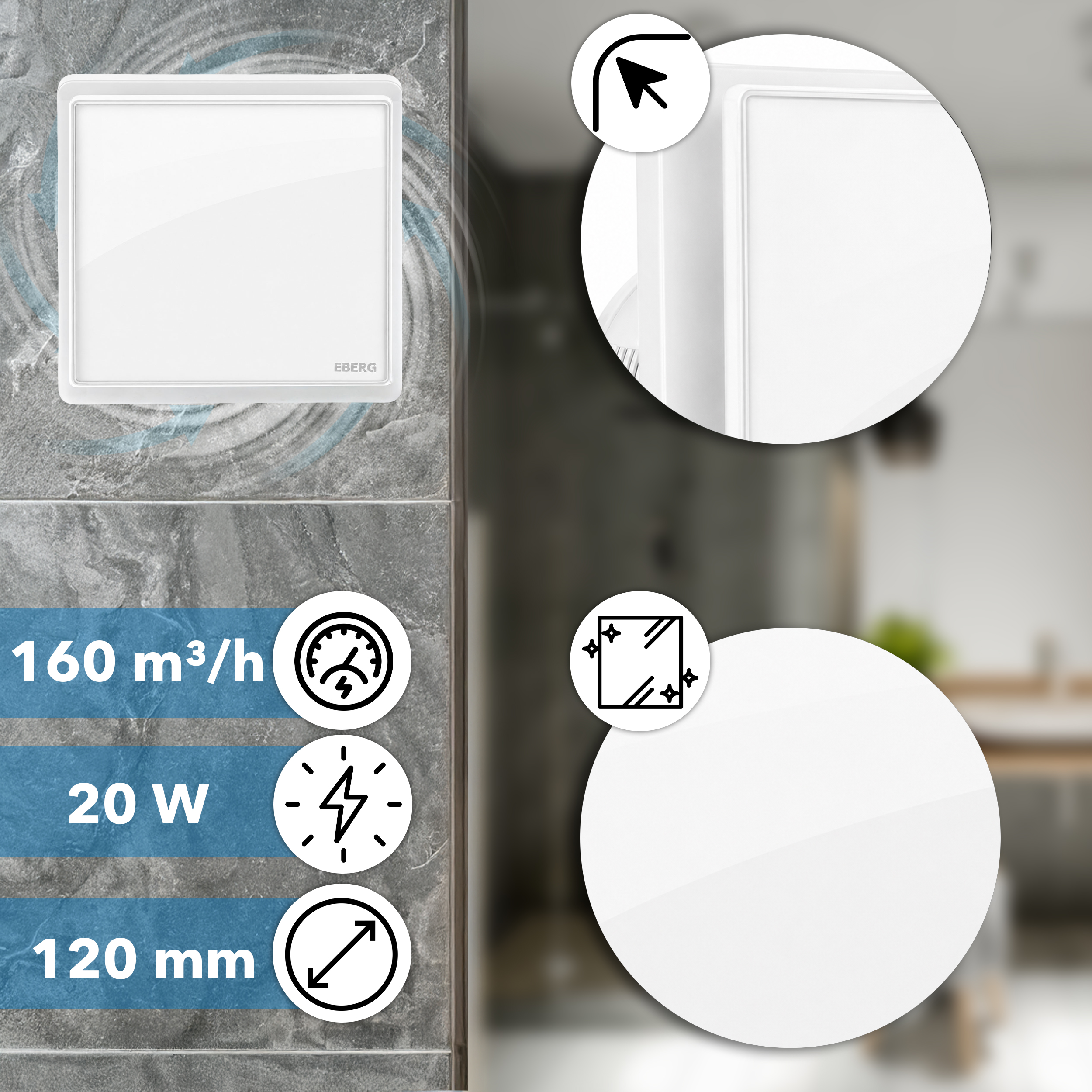 Biały wentylator ścienny na szarych płytkach ze specyfikacją: 160 m3/h, 20W, 120mm oraz dwoma zbliżeniami.