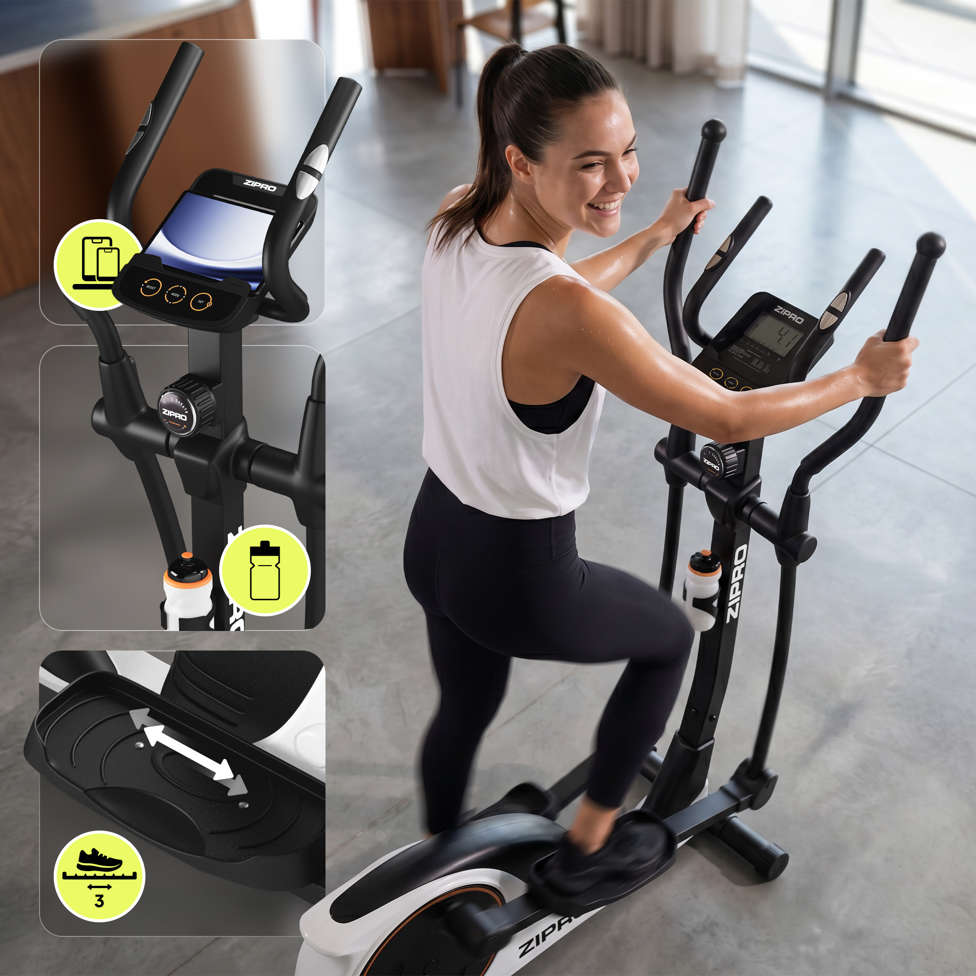 Una donna sorridente si allena su un'ellittica Zipro con riquadri che mostrano console, portaborraccia e pedali.