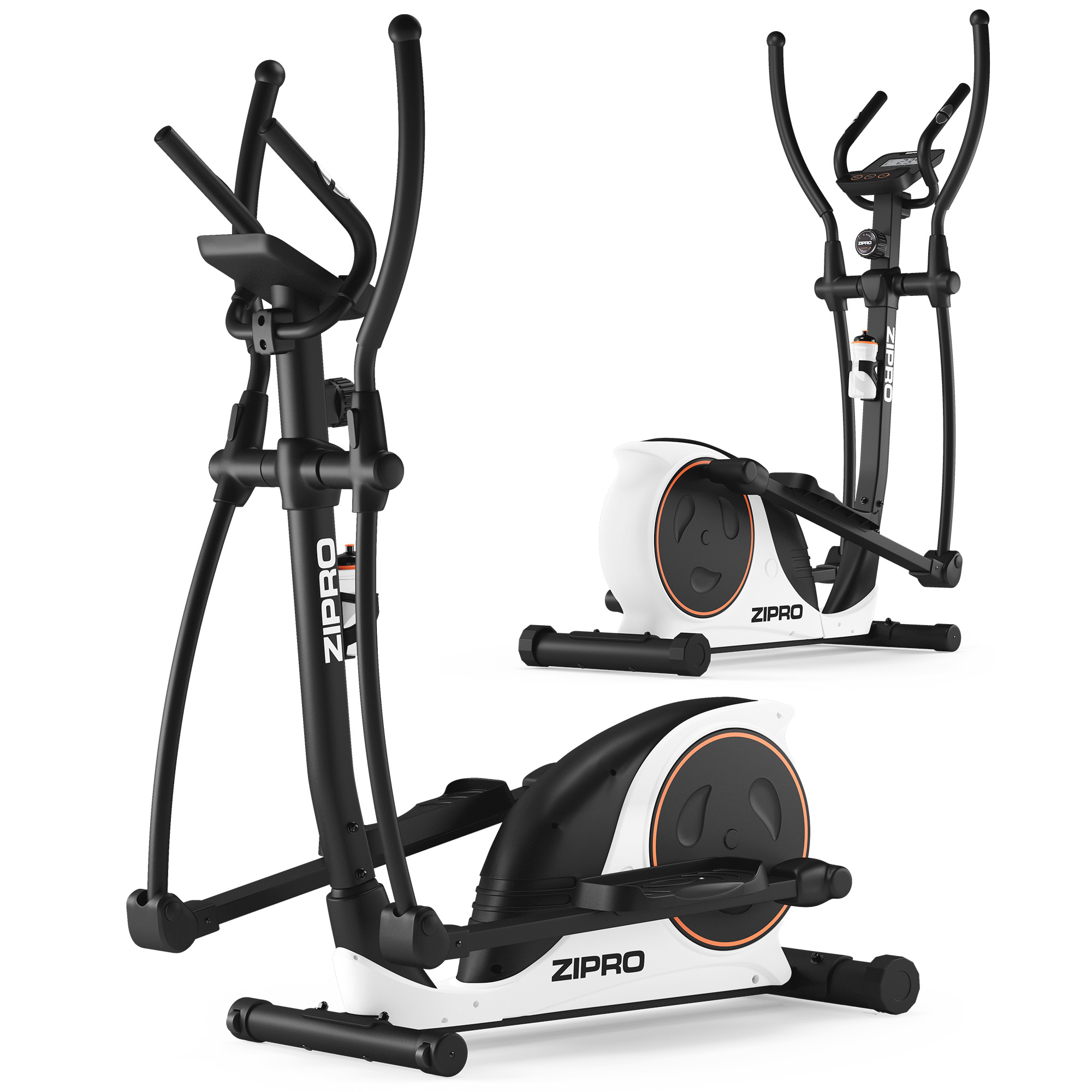 Due viste di una cyclette Zipro nera e bianca su sfondo bianco.