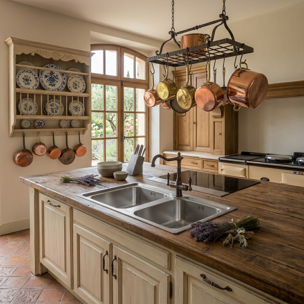 Una cucina rustica con isola in legno, doppio lavello, pentole di rame appese e scolapiatti a parete.