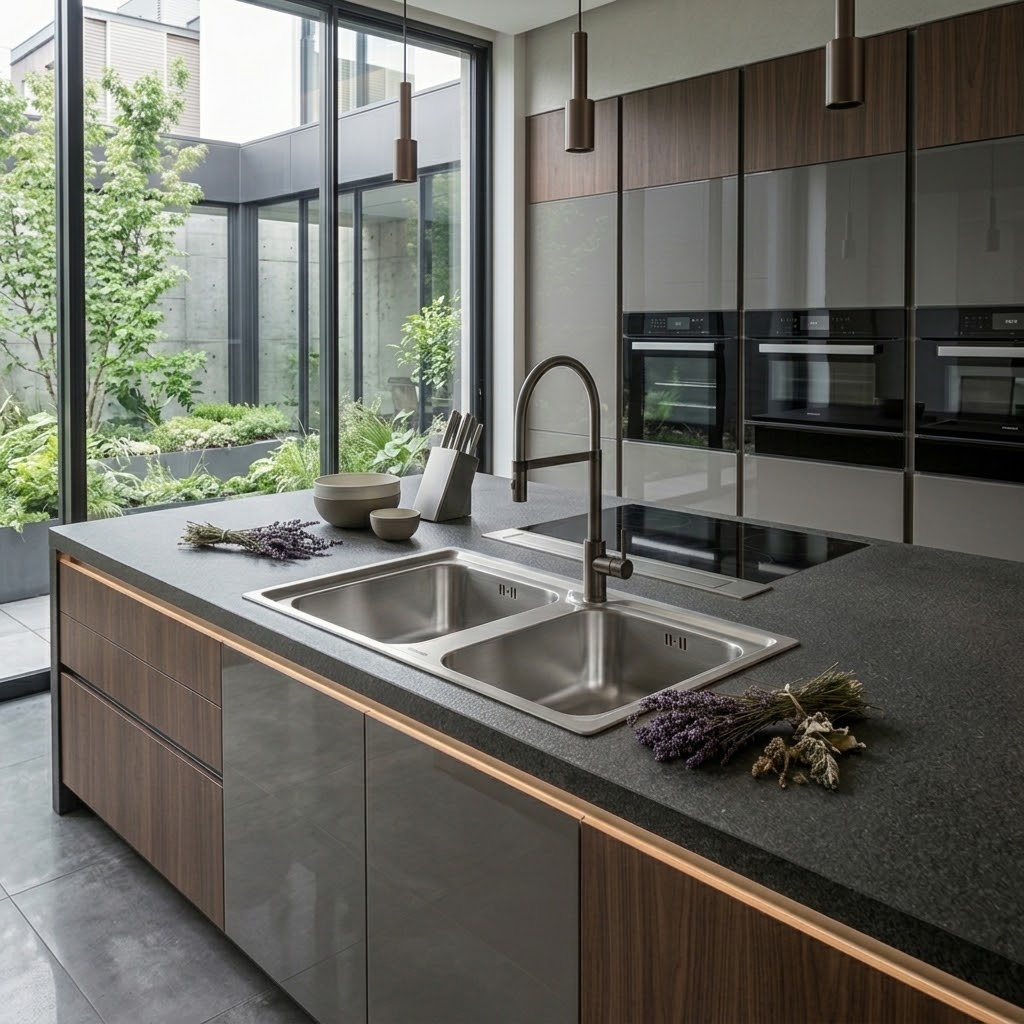 Un'isola cucina moderna con doppio lavello, ripiani scuri e mobili in legno, con ampie finestre che si affacciano su un patio.