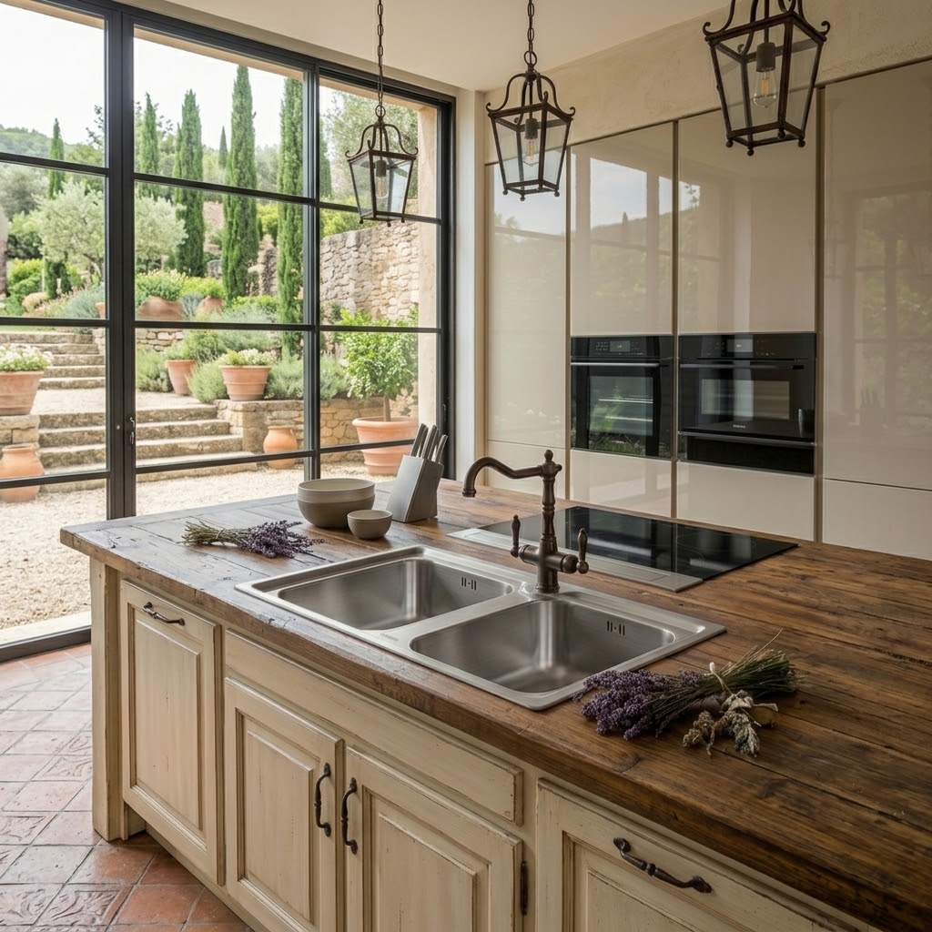 Cucina rustica con isola in legno, grandi finestre sul giardino e moderni forni a incasso.