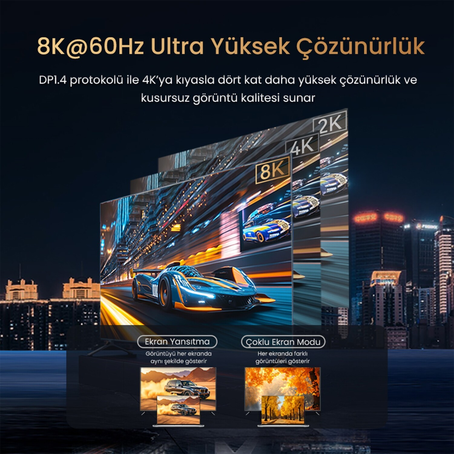 Gece şehir silüeti arka planında ekranlarda 8K, 4K ve 2K çözünürlük karşılaştırması.