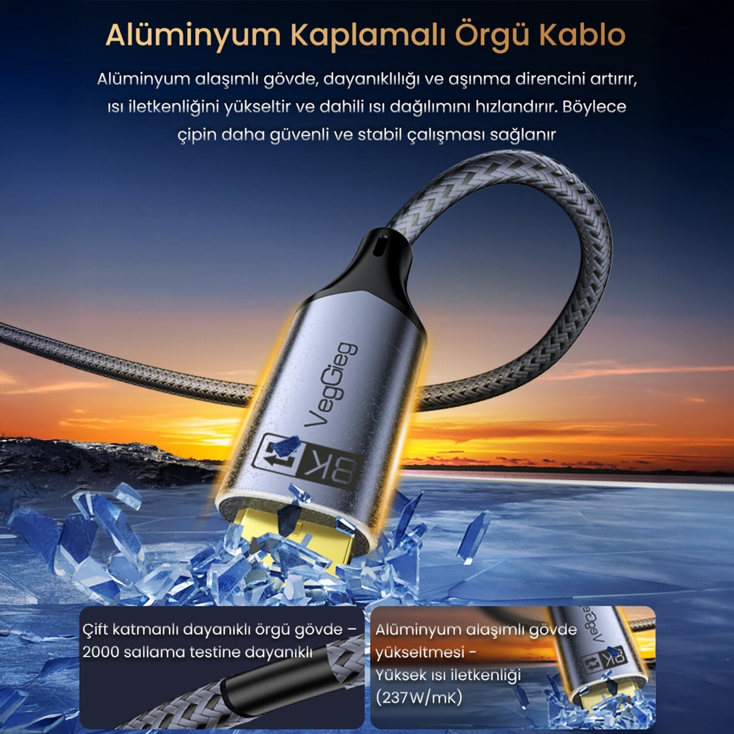 Gün batımı arkaplanında alüminyum gövdeli ve altın uçlu dayanıklı örgülü HDMI kablosu.