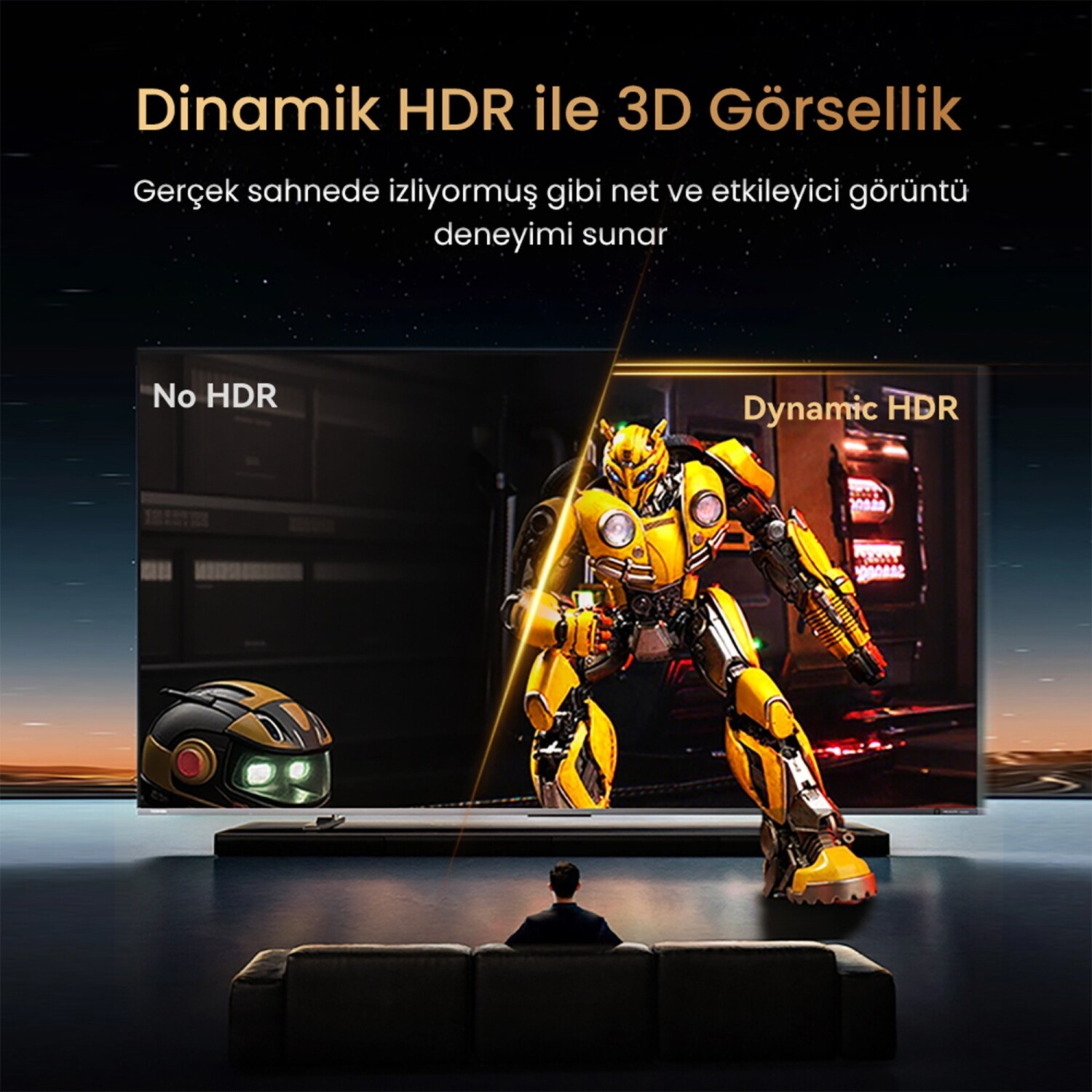 Bir TV, sarı bir robot gösteren HDR Yok ve Dinamik HDR'yi karşılaştırıyor, kanepeden izlenen.