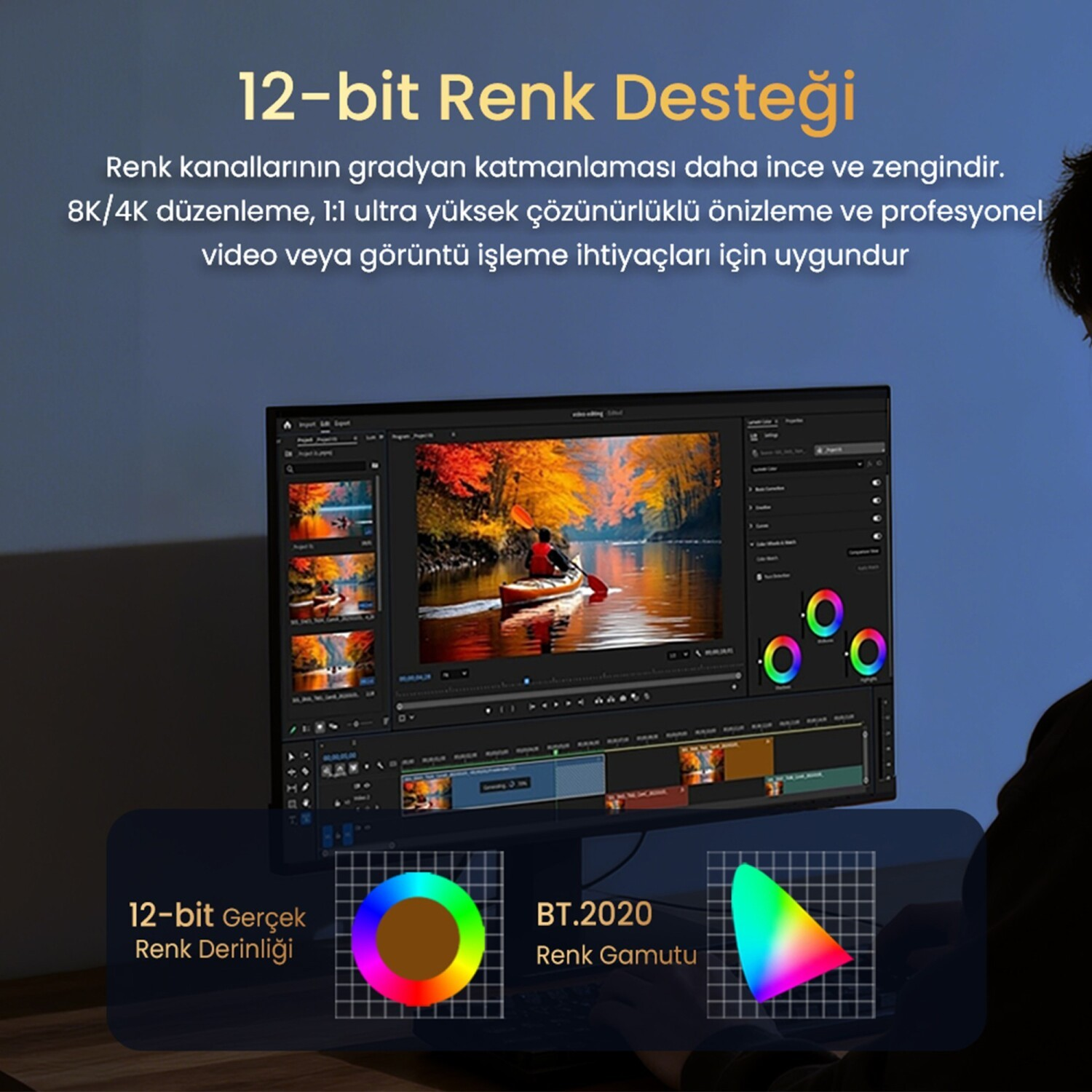 Bir kişi video düzenleme yazılımı, renk çarkları ve doğa manzarası gösteren monitör kullanıyor.