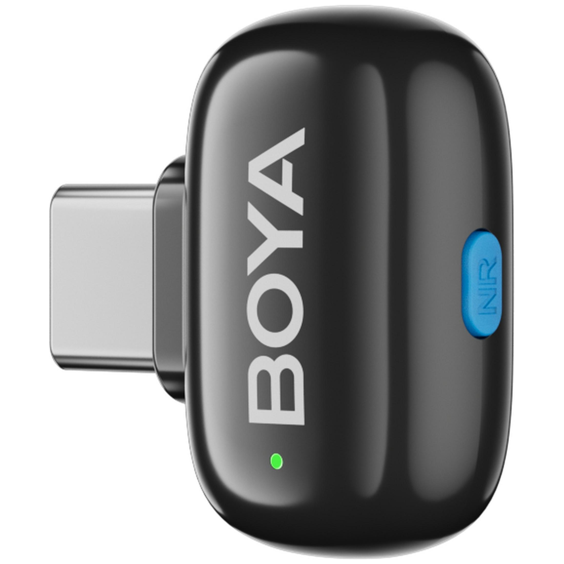 Receptor USB-C BOYA negro con botón NR azul y LED verde.