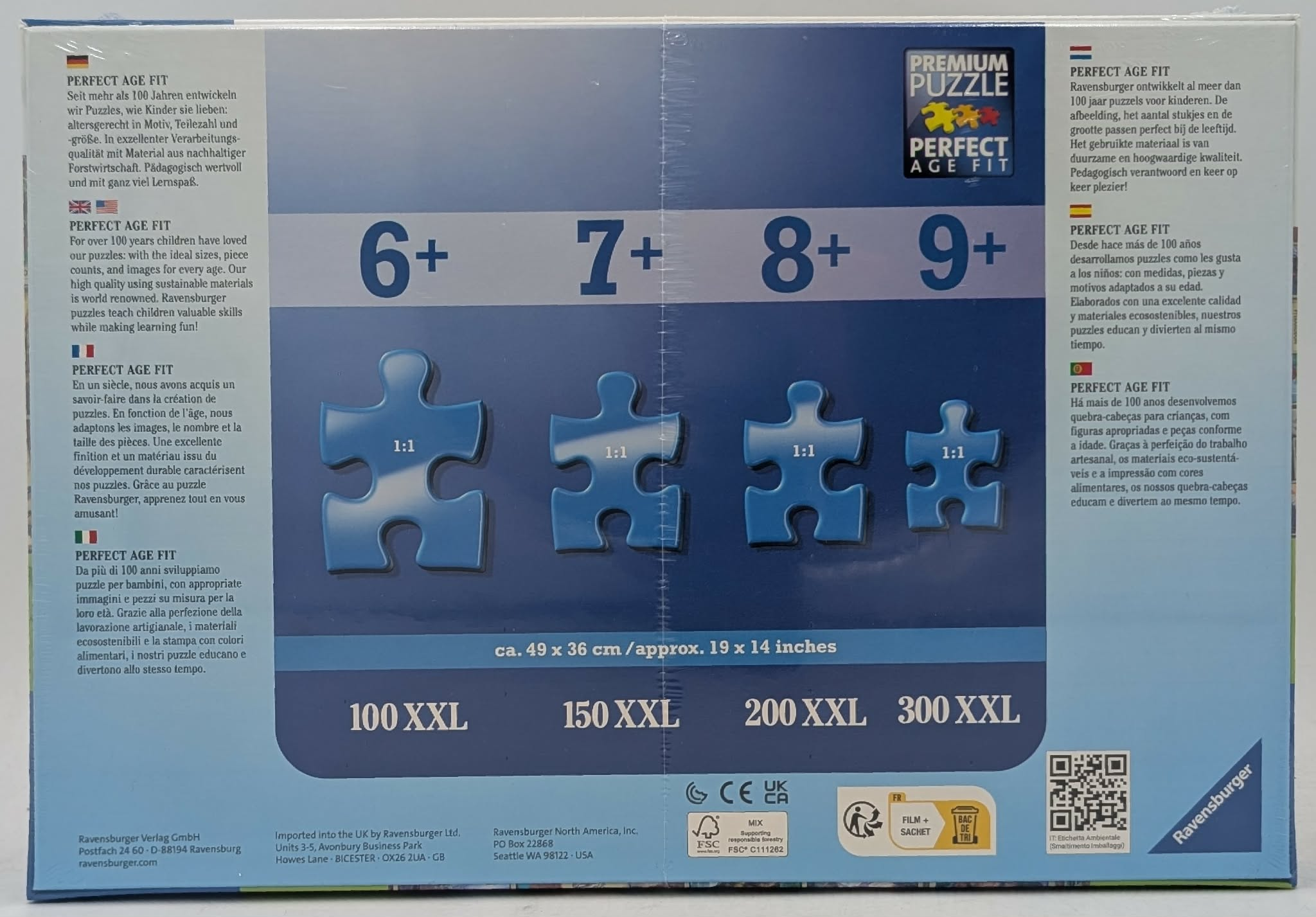 Retro di una scatola di puzzle Ravensburger che mostra varie fasce d'età, pezzi di puzzle e testo multilingue.